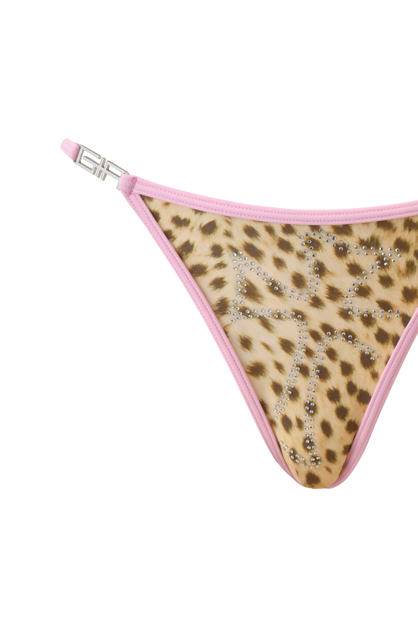 A close-up of the I.AM.GIA X VON DUTCH AVA BIKINI BOTTOM - LEOPARD, featuring leopard print with light pink trim, rhinestone embellishments, and a metal clasp on one side.