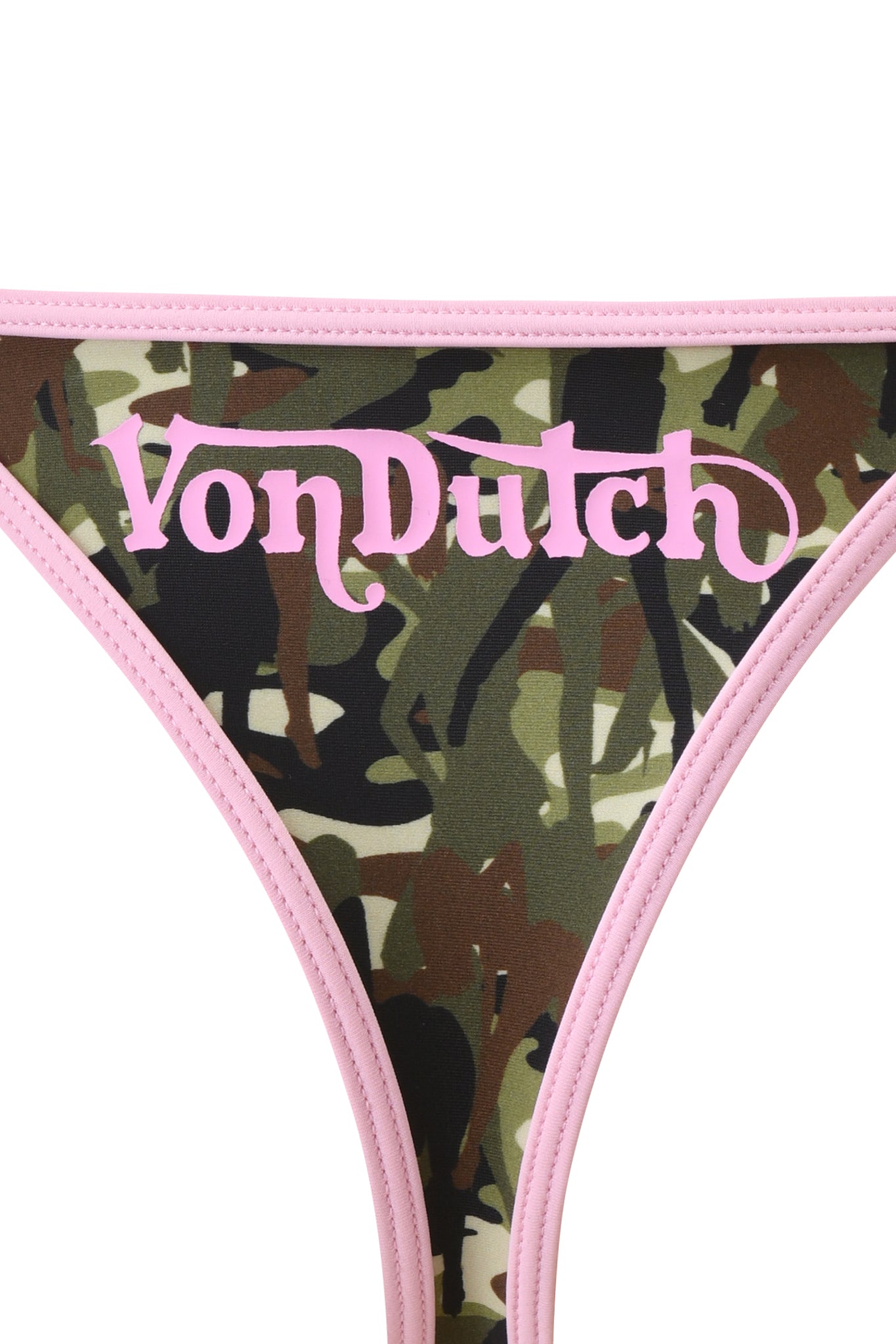 Close-up of the I.AM.GIA X VON DUTCH AVA BIKINI BOTTOM - GIA GIRL CAMO, featuring camo-patterned fabric with pink trim and "Von Dutch" logo in pink lettering across the top.