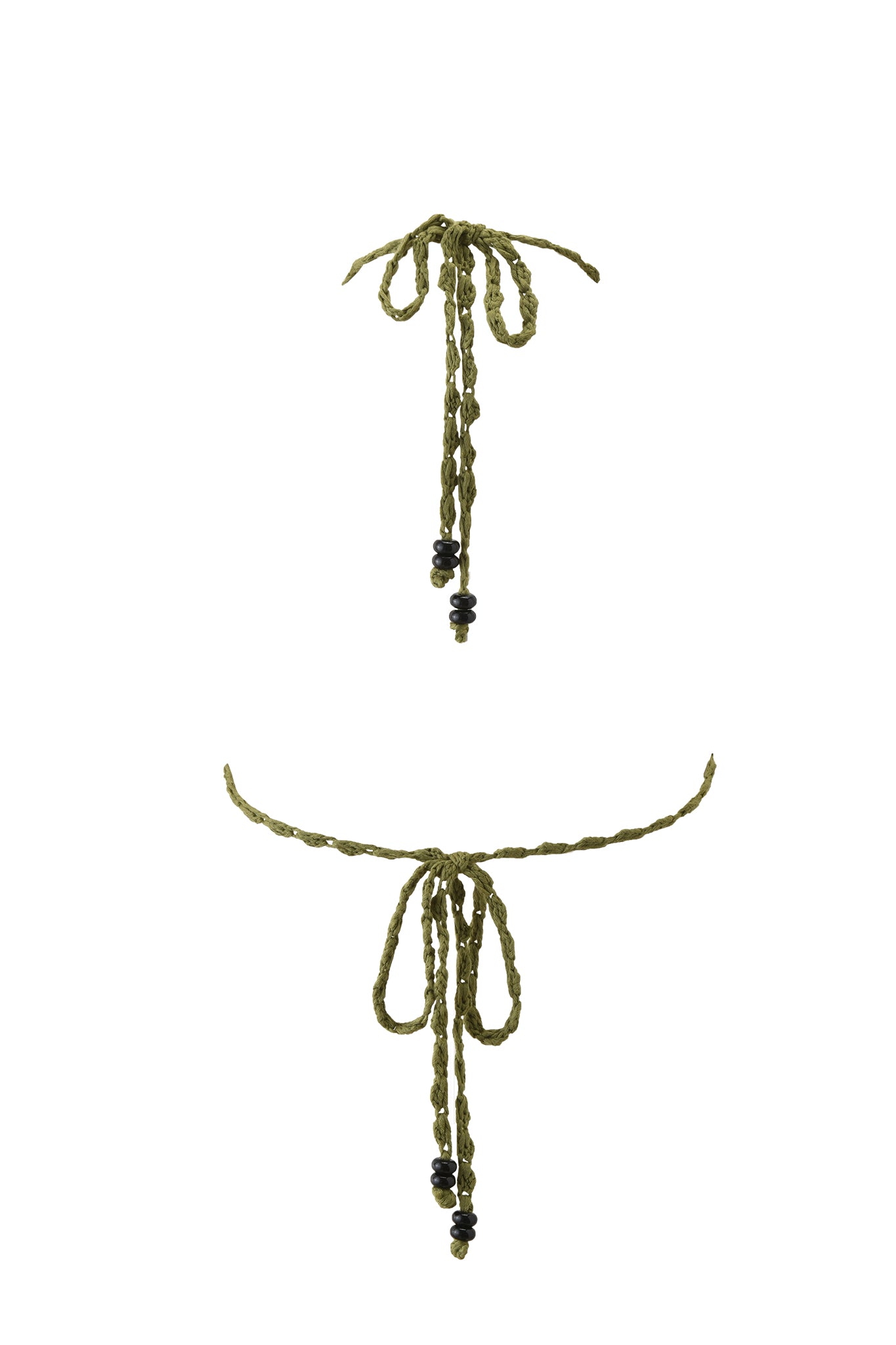 Two olive green braided string ties with knotted loops and black beads—replacement straps for the I.AM.GIA LANAI CROCHET BIKINI TOP in army green—are shown separately on a white background; one tie is shorter, one is longer.