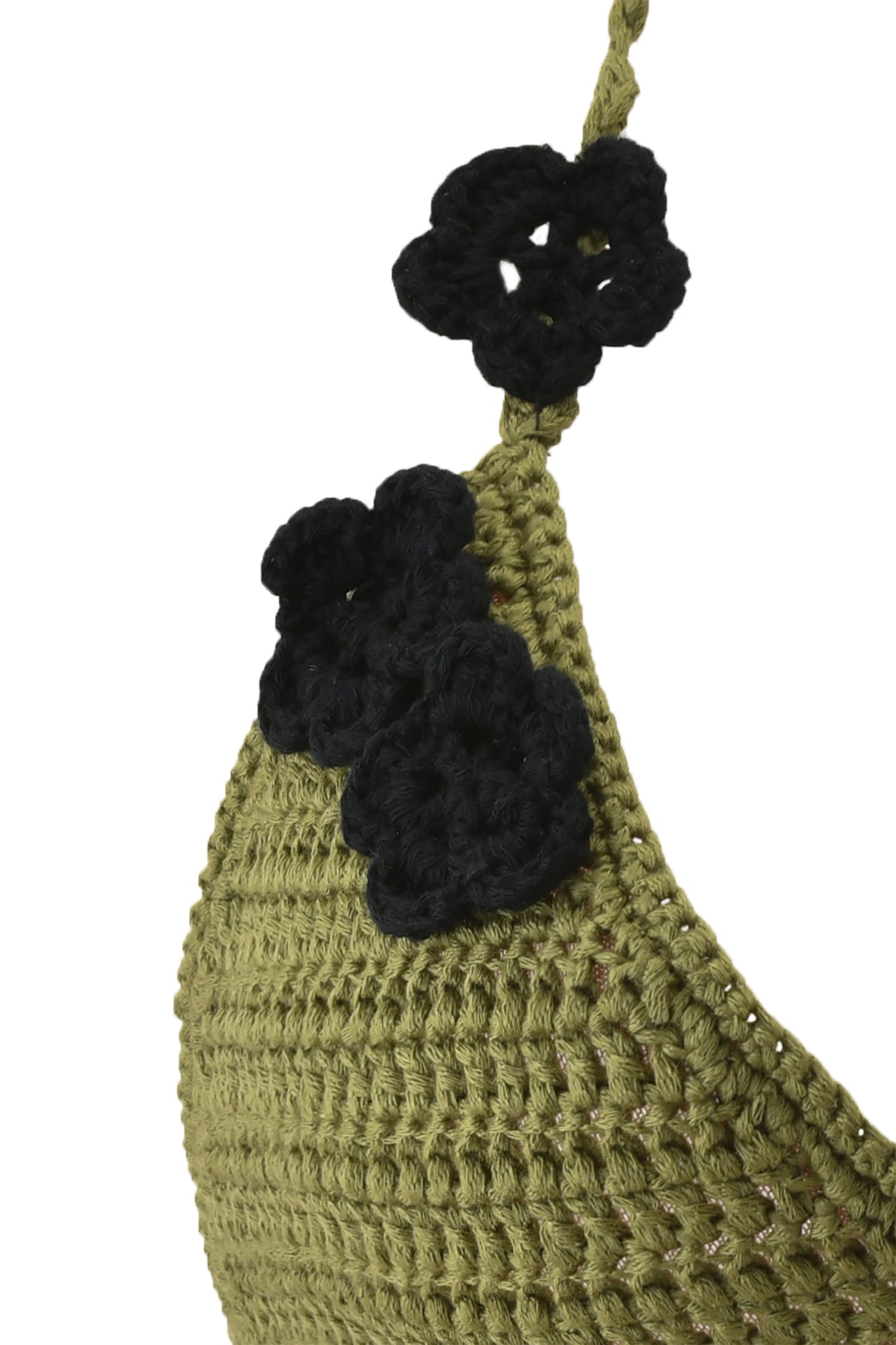 Close-up of the I.AM.GIA LANAI CROCHET BIKINI TOP in army green, showcasing three black crochet flower appliqués along the strap and a possible triangle cup design.