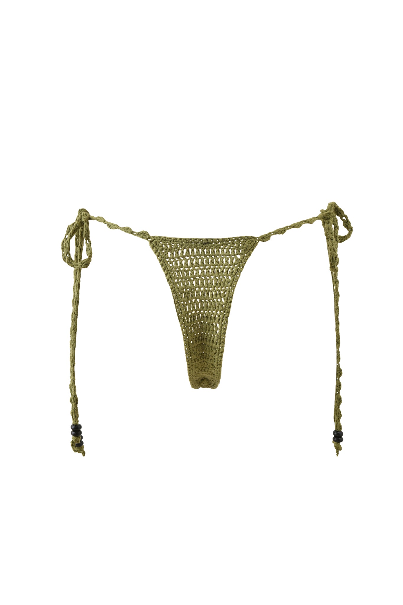 The I.AM.GIA LANAI CROCHET BIKINI BOTTOM in army green features a low rise fit with braided side ties and bead accents at the ends, shown on a white background.