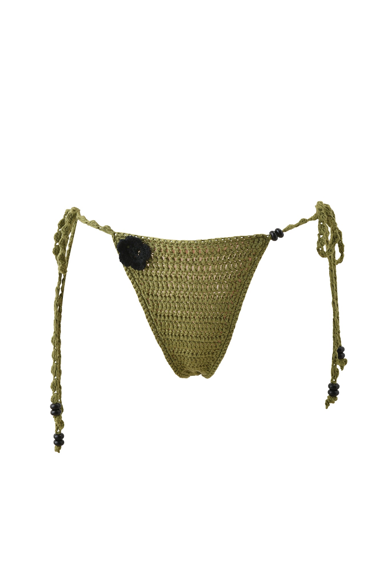 The LANAI CROCHET BIKINI BOTTOM in army green by I.AM.GIA features side ties, black bead accents, and a low-rise design, shown on a plain white background.