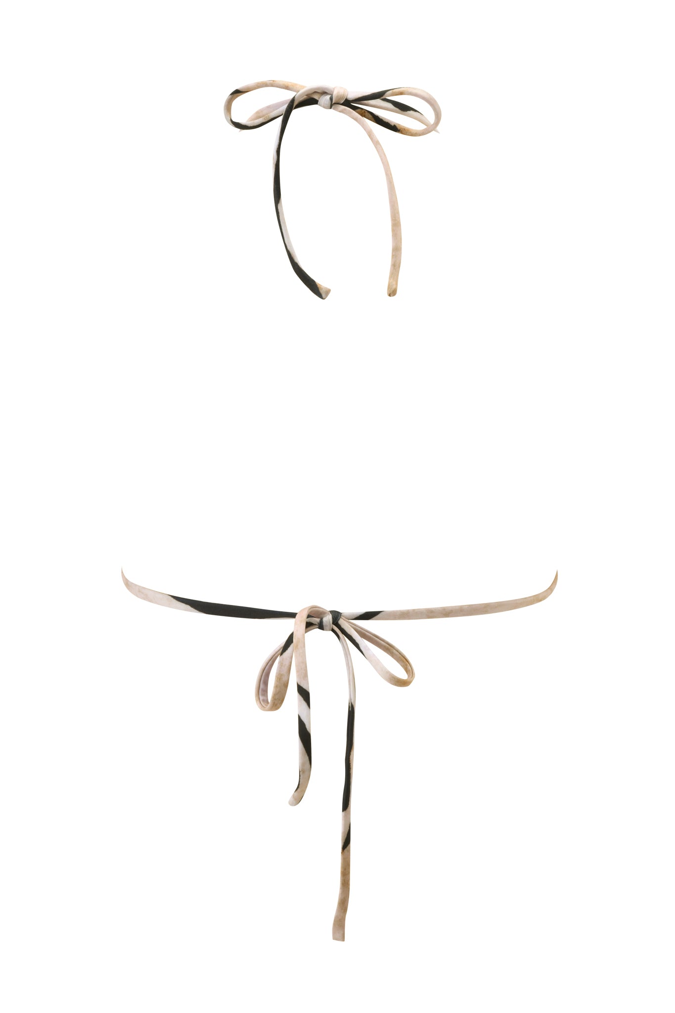 The LUMANI BIKINI TOP - WILD SIDE by I.AM.GIA features a minimal triangle design with thin, striped ties—one bow at the top and another at the bottom—displayed against a plain white background.