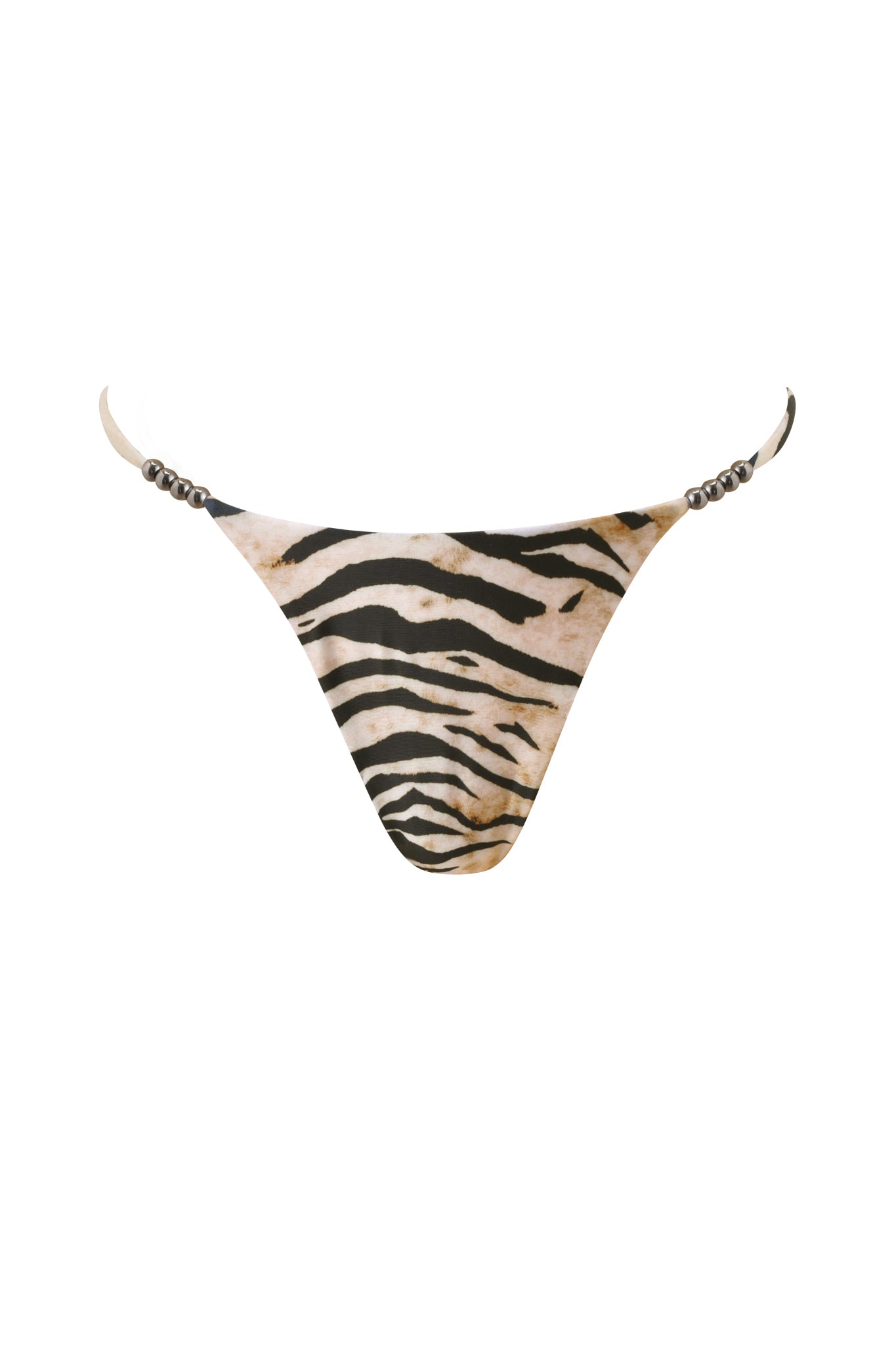 The I.AM.GIA LUMANI BIKINI BOTTOM - WILD SIDE features a zebra-print Brazilian cut with thin straps and small bead accents on each side, shown against a plain white background.