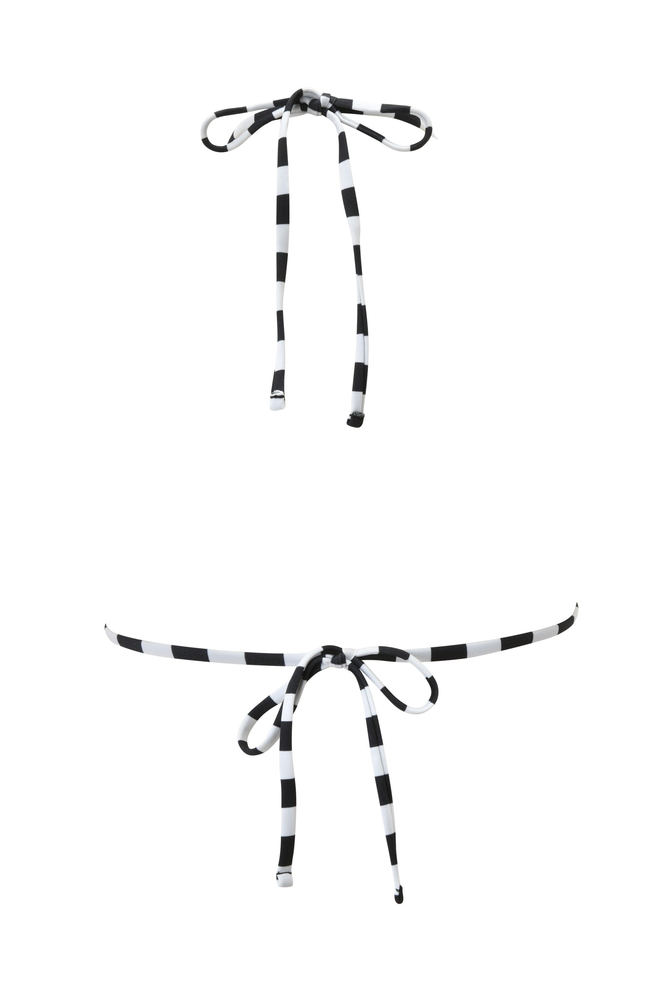 The AURETTE REVERSIBLE BIKINI TOP - JAILBIRD STRIPE by I.AM.GIA features a black and white checkered bandeau style with long tie straps, set against a white background. The reversible design offers versatile summer styling.