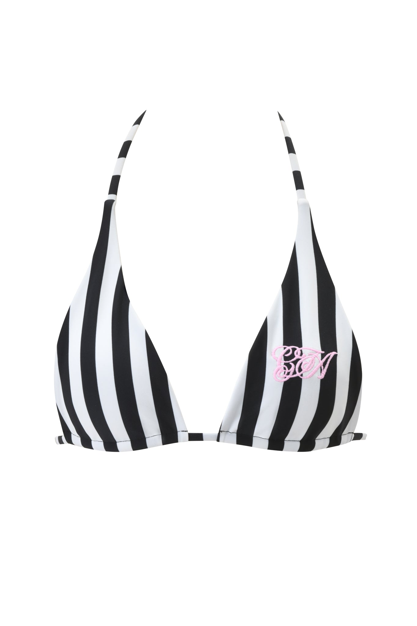 The I.AM.GIA AURETTE REVERSIBLE BIKINI TOP - JAILBIRD STRIPE features black and white stripes, thin adjustable straps, and a pink embroidered detail on the right cup for both style and comfort.