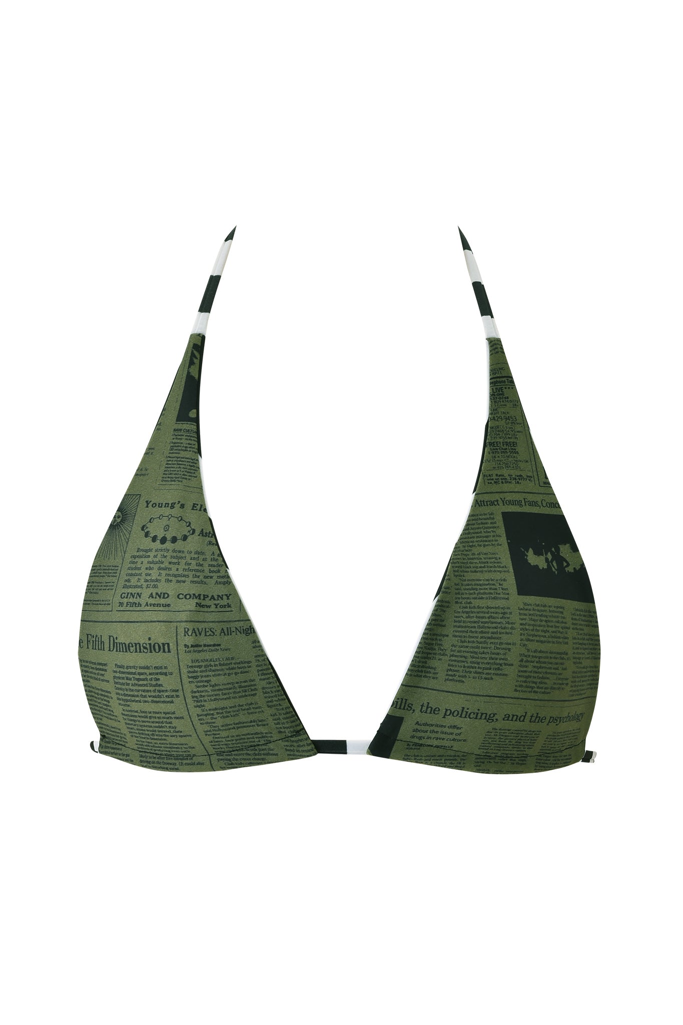 The I.AM.GIA AURETTE REVERSIBLE BIKINI TOP - JAILBIRD STRIPE is shown on a white background, featuring a green triangle silhouette with a striking newspaper print and visible text and images throughout the fabric.