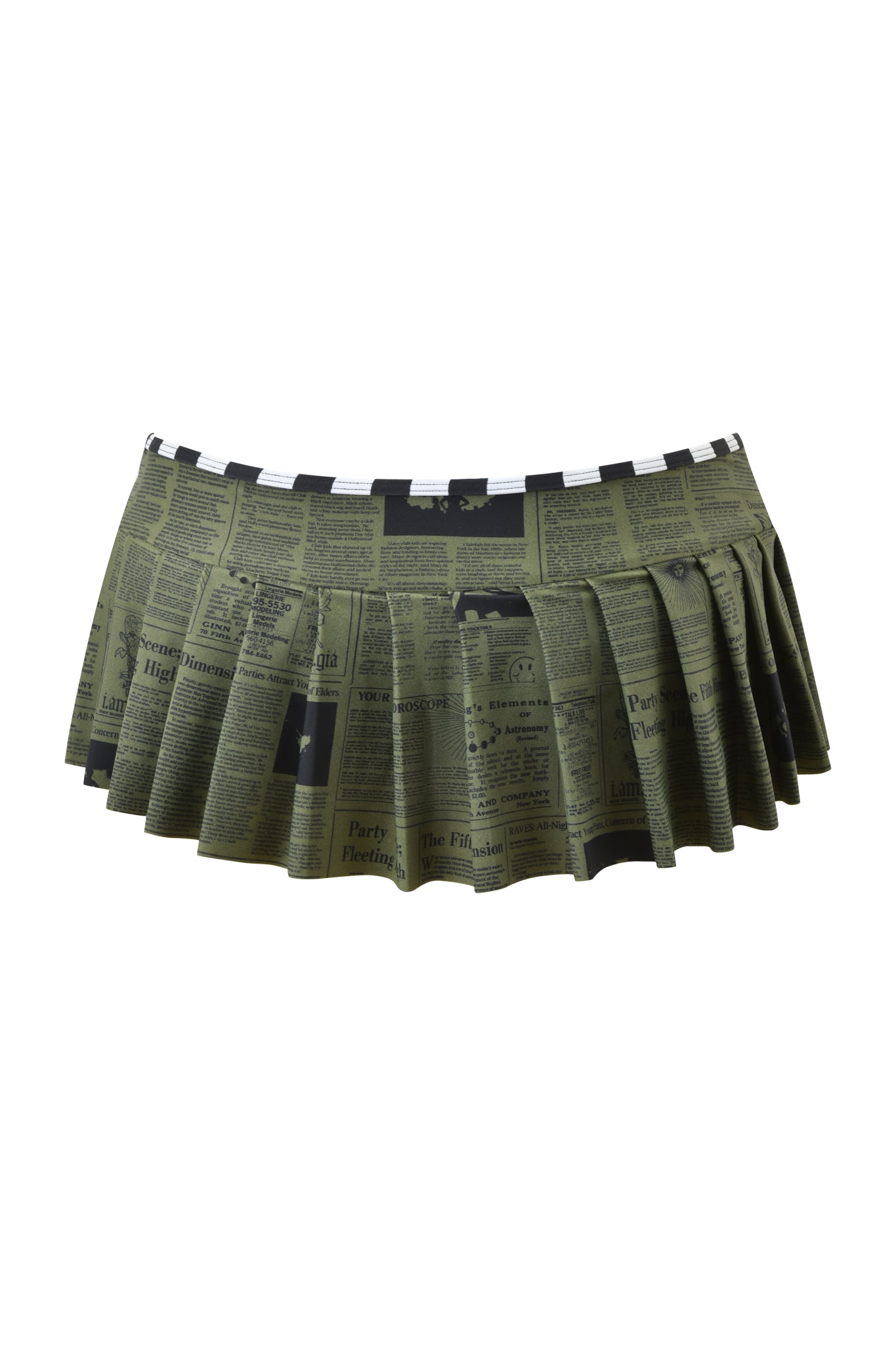 The I.AM.GIA AURETTE MICRO BIKINI SKIRT - LEFT ON READ is a pleated olive-green micro mini with black newspaper print, a fitted waistband, flared short silhouette, and made from lightweight swim fabric.