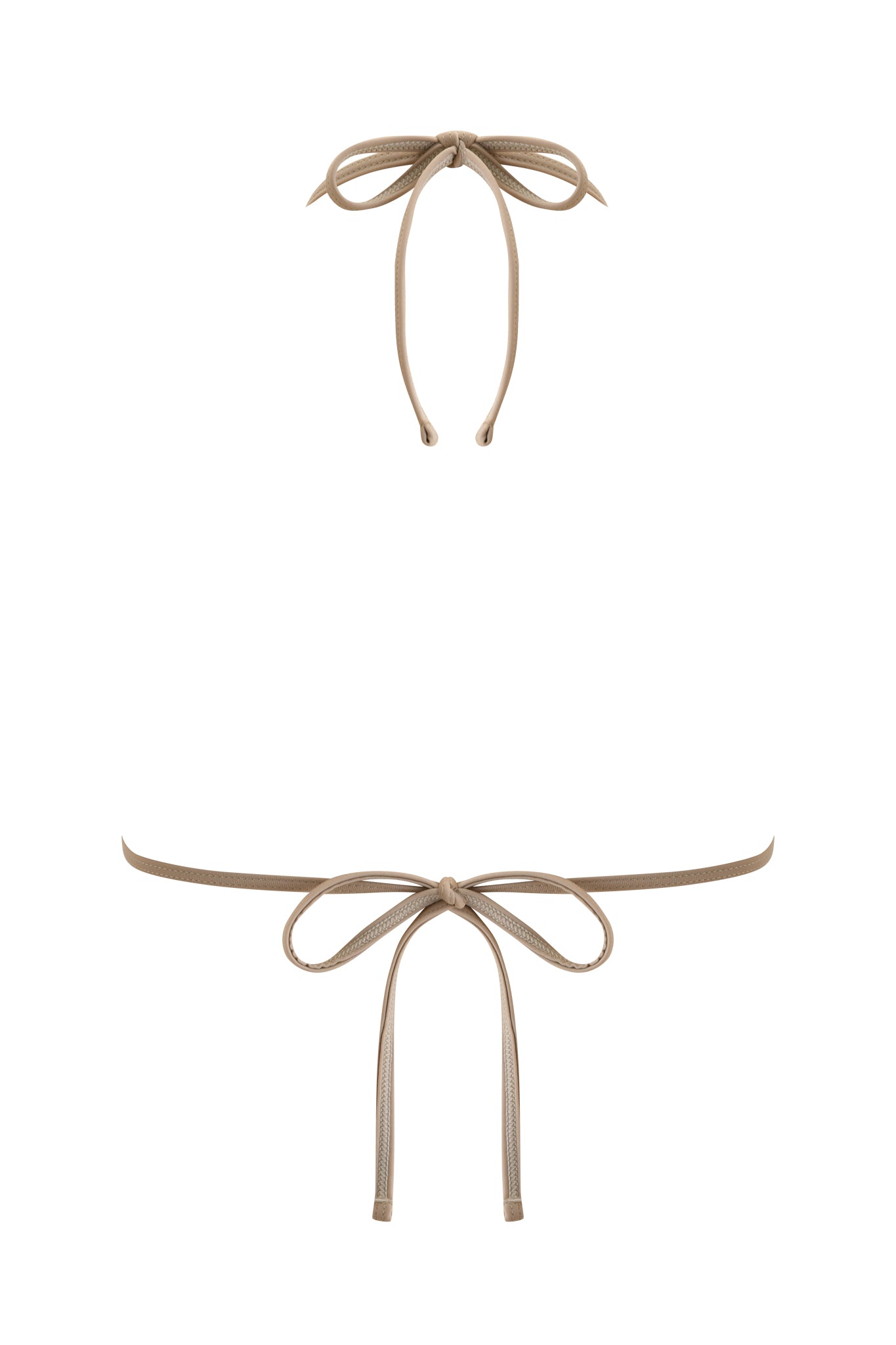 Two tan strings form bows at the top and bottom of a white background, resembling the ties of the I.AM.GIA BABI DIAMONTE STUD BIKINI TOP - REPTILIA.