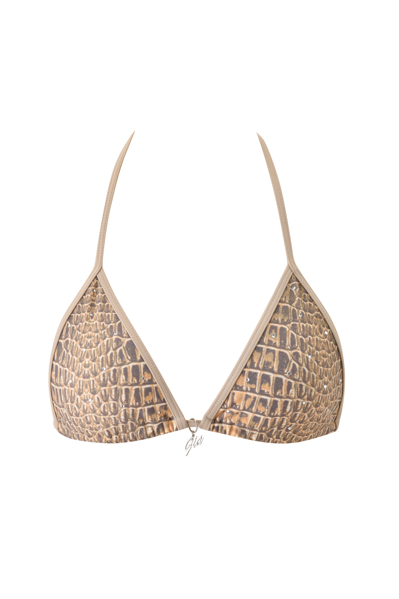 The BABI DIAMONTE STUD BIKINI TOP - REPTILIA by I.AM.GIA features a brown and beige crocodile print, beige straps, and a metallic "Gles" charm for a wild touch to your swimwear collection.