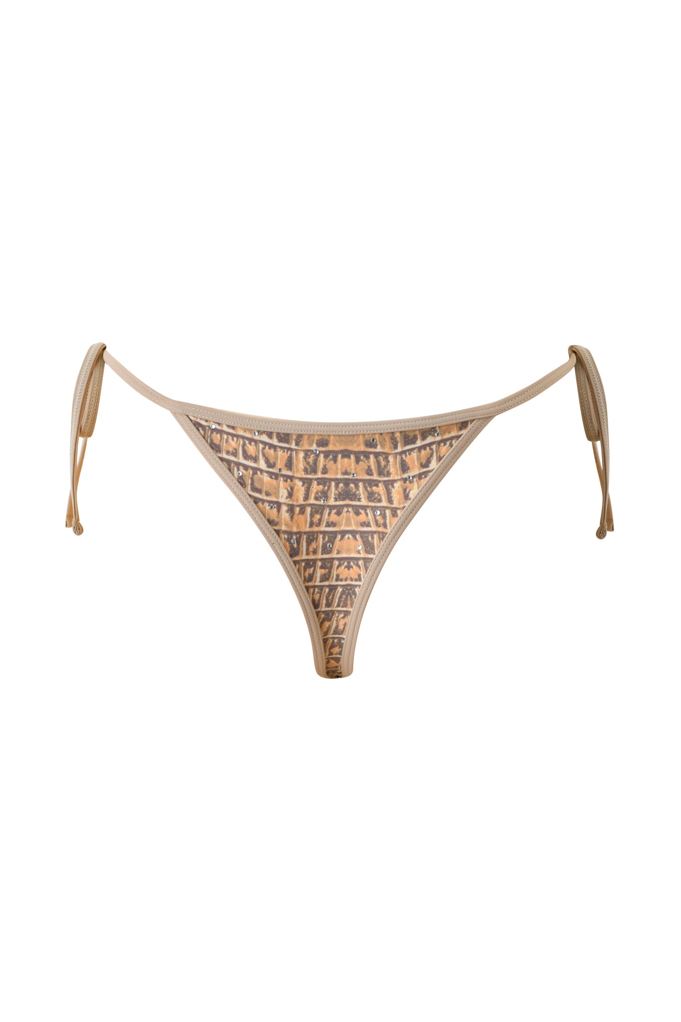 The I.AM.GIA BABI DIAMONTE STUD BIKINI BOTTOM - REPTILIA features a beige reptile print on the front, cheeky cut, and adjustable tie sides, shown against a plain white background.