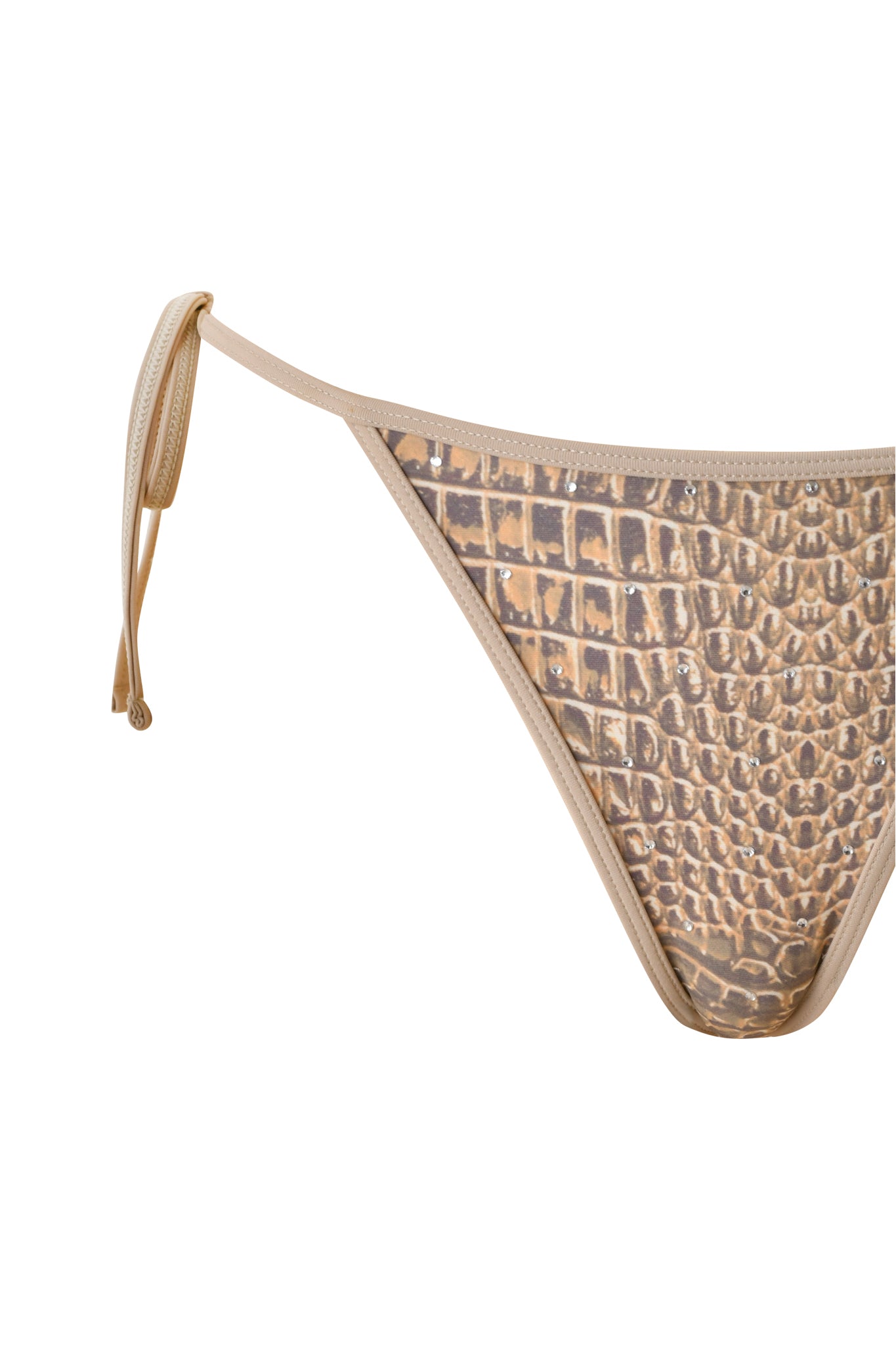 A close-up of the I.AM.GIA BABI DIAMONTE STUD BIKINI BOTTOM – REPTILIA, featuring a brown and beige snakeskin pattern and a left side-tie strap.