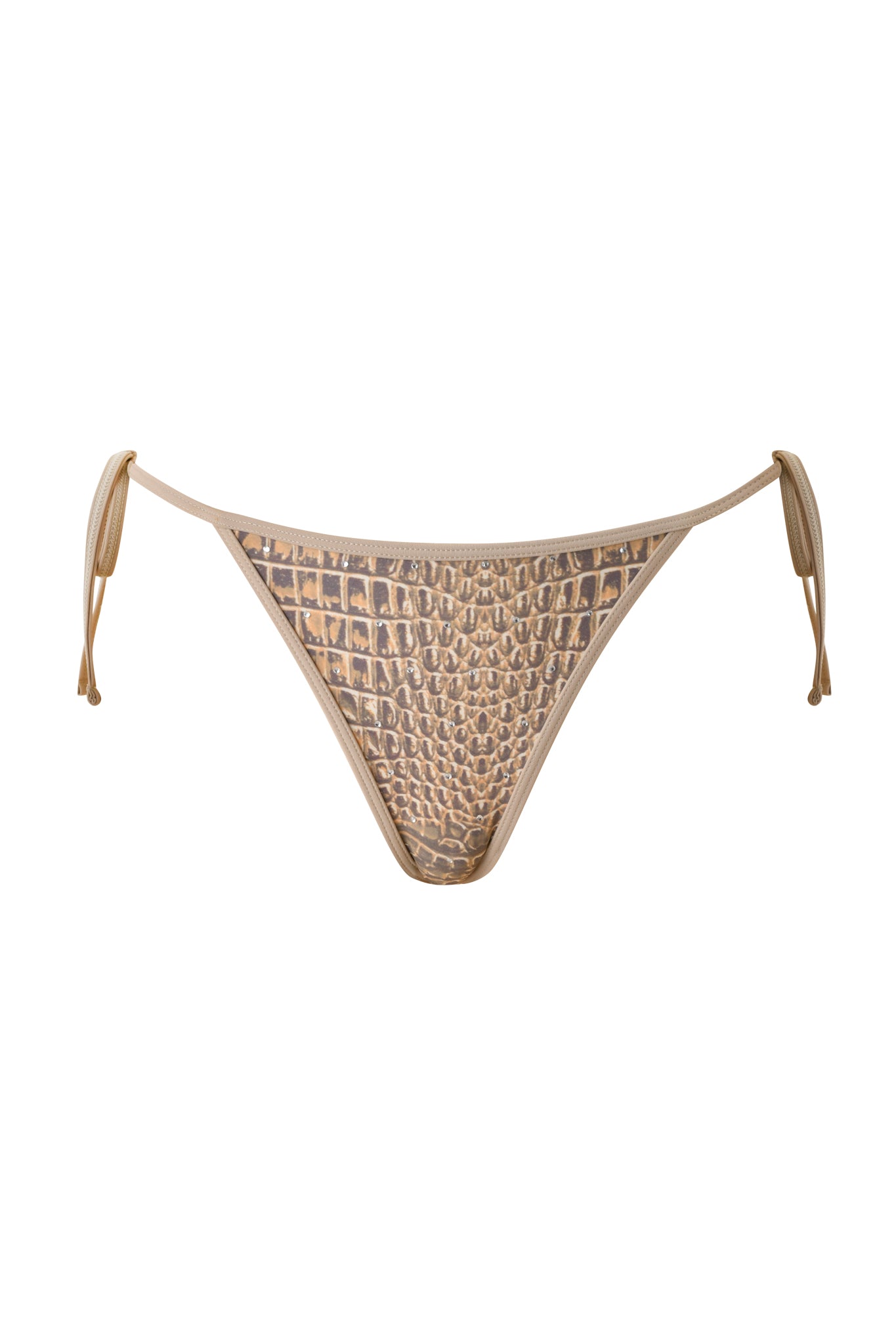 The I.AM.GIA BABI DIAMONTE STUD BIKINI BOTTOM - REPTILIA features a tan, brown crocodile skin pattern and adjustable side ties, shown against a plain white background.