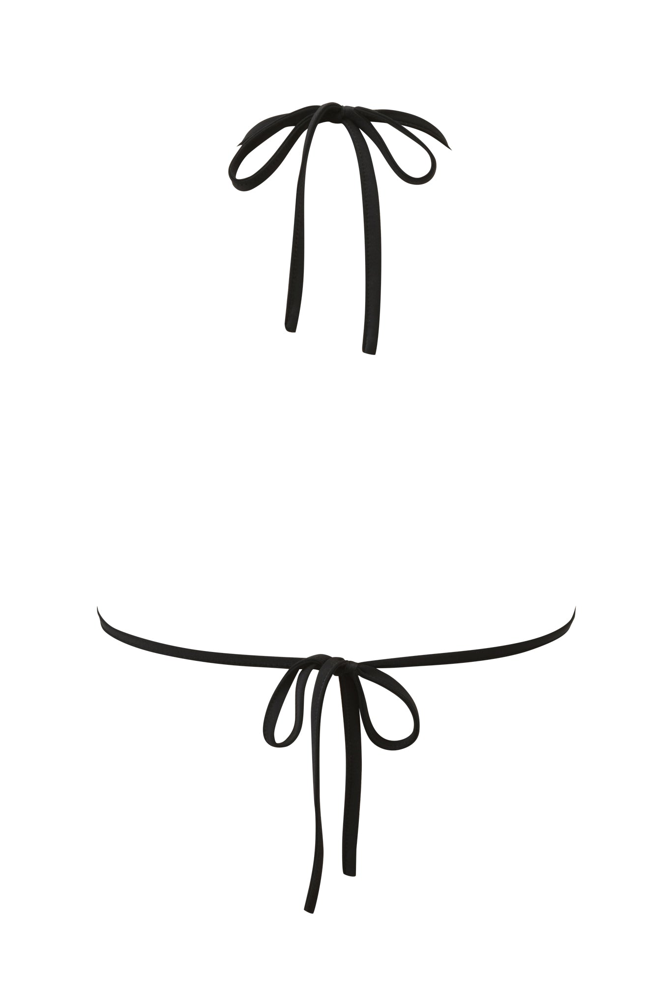 The BIJOU BIKINI TOP - BLACK by I.AM.GIA features adjustable triangle cups with black strings tied in bows at the top and bottom, shown against a plain white background.
