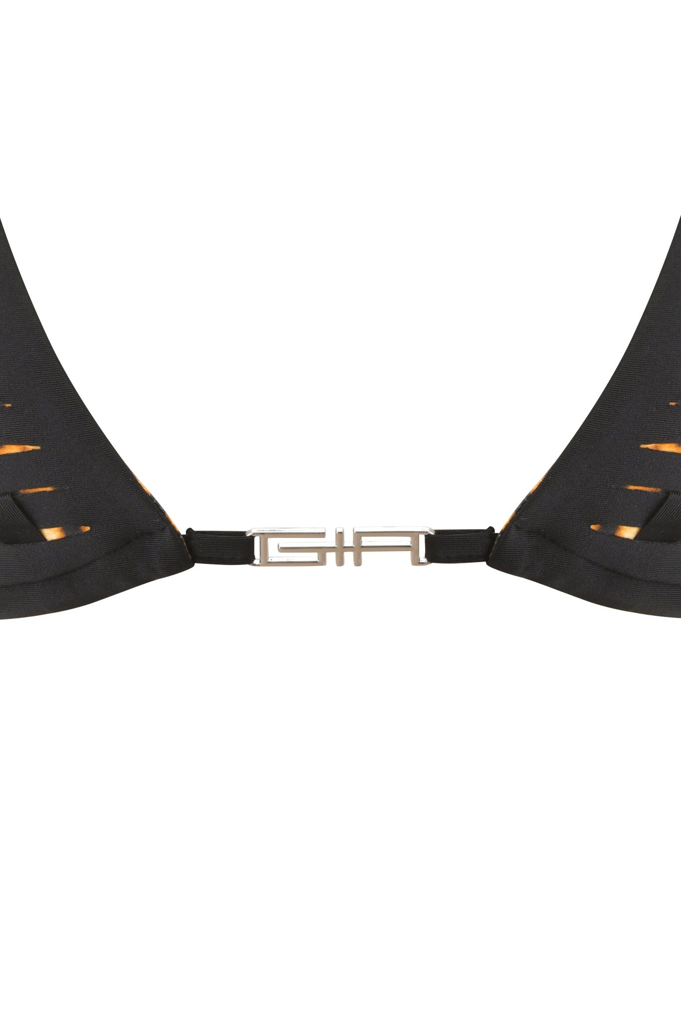 Close-up of the BIJOU BIKINI TOP - BLACK by I.AM.GIA: features a black fabric strap with a metallic, geometric clasp and subtle macrame-style overlay. The background is white.