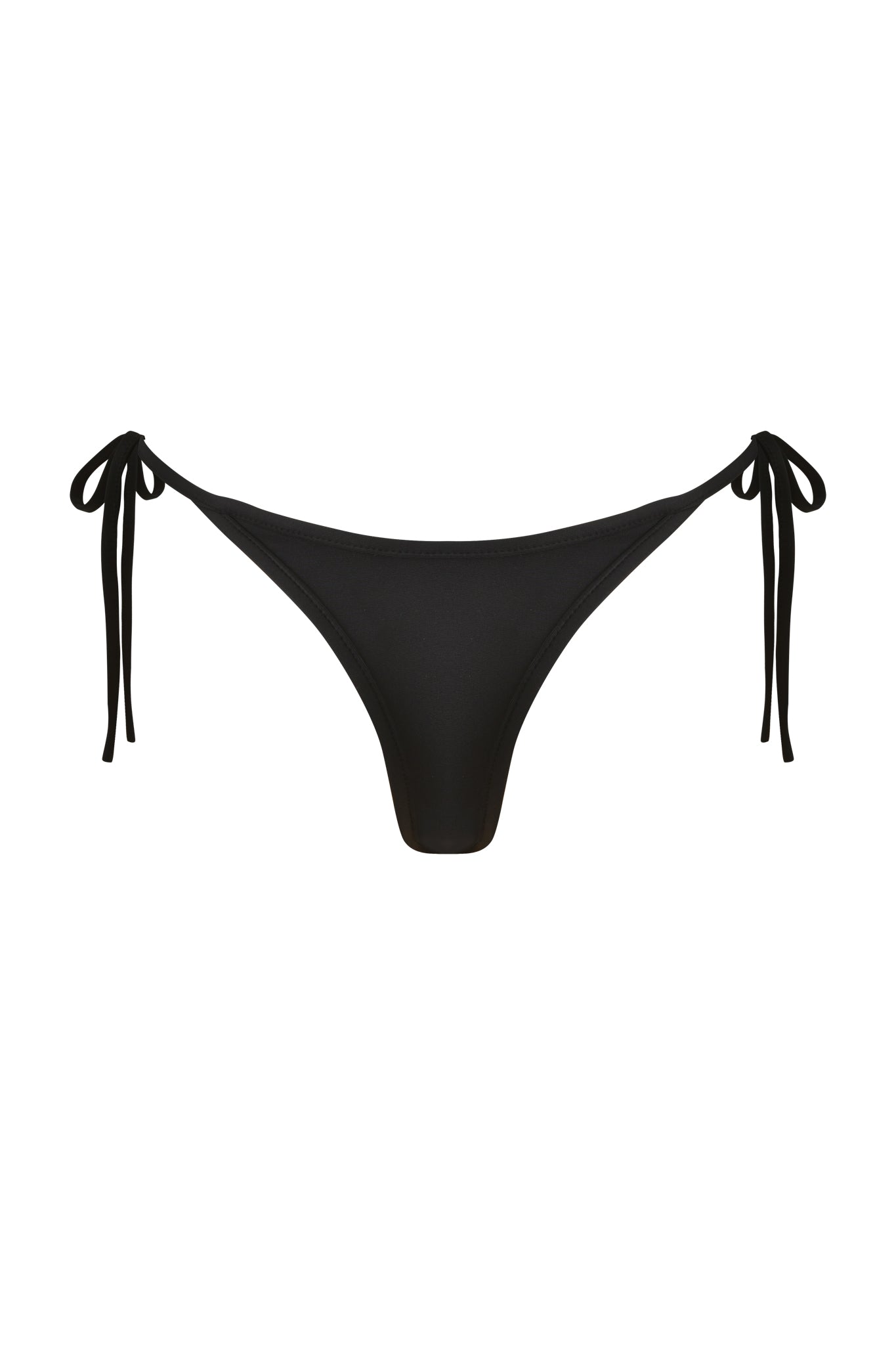 The BIJOU BIKINI BOTTOM - BLACK by I.AM.GIA features an adjustable tie side design with sleek strings, shown against a plain white background.