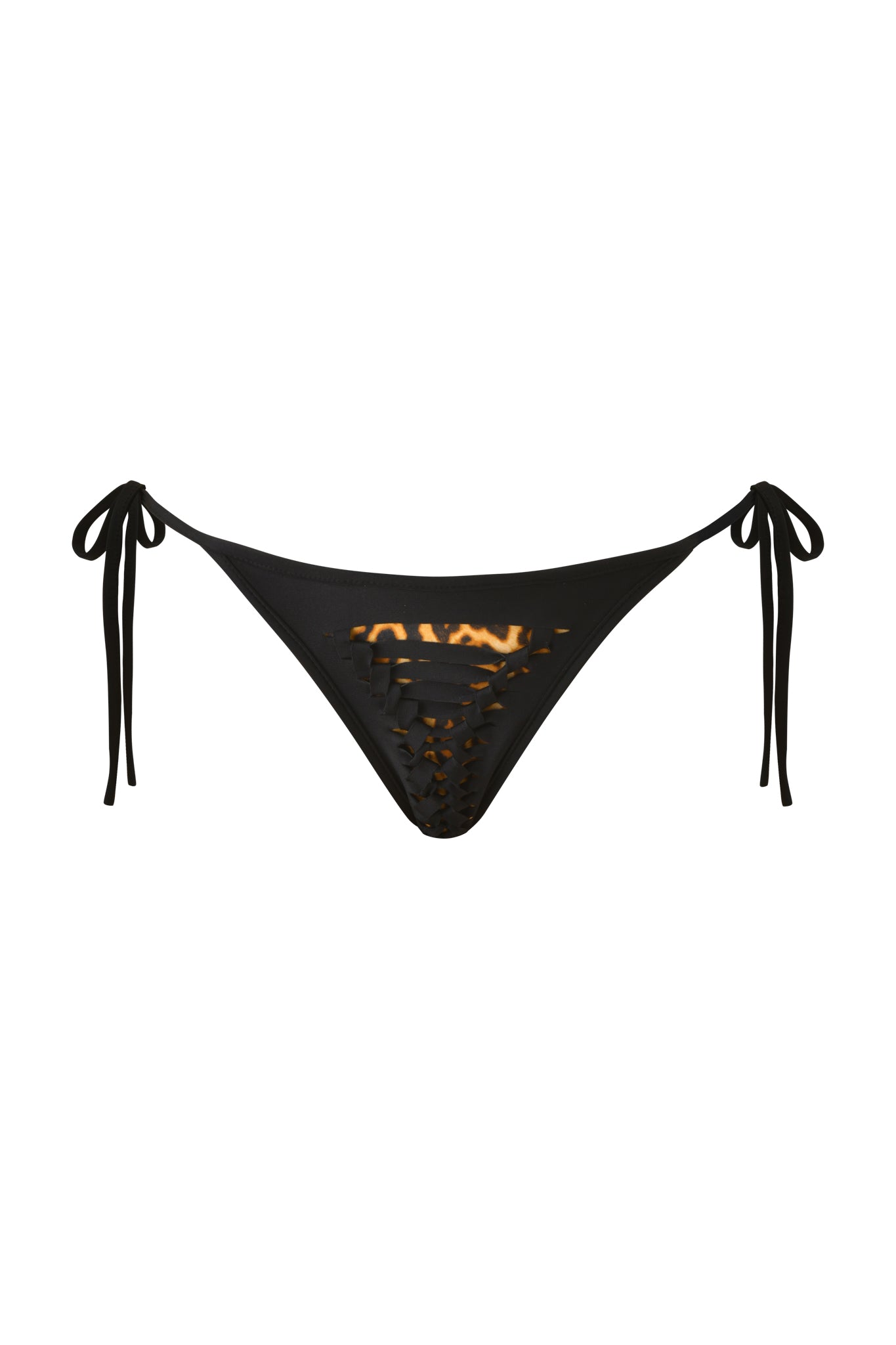 The I.AM.GIA BIJOU BIKINI BOTTOM - BLACK features an adjustable tie side design and a front center lattice-style cutout, shown here against a plain white background.
