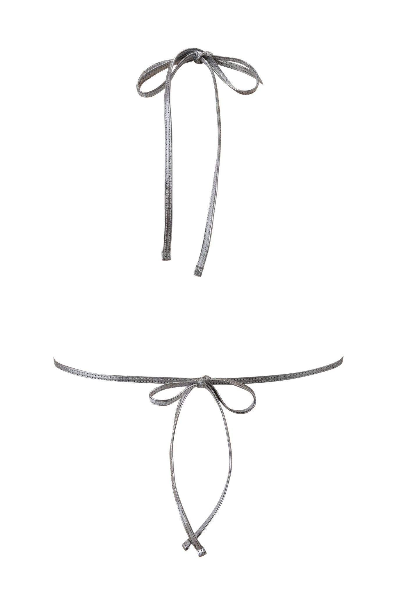 The LIOR BIKINI TOP in metallic silver by I.AM.GIA features two thin strings, one tied in a bow at the top and another at the bottom, shown against a plain white background.