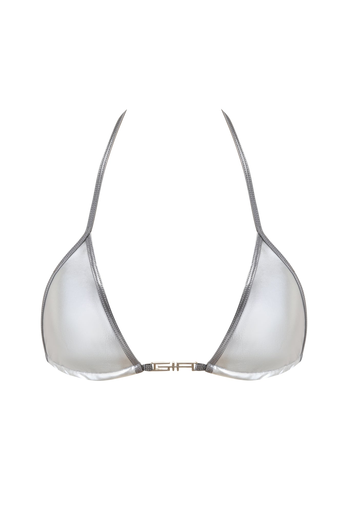 The LIOR BIKINI TOP - SILVER by I.AM.GIA is a metallic triangle bikini top with thin straps and a front gold clasp, shown on a white background.