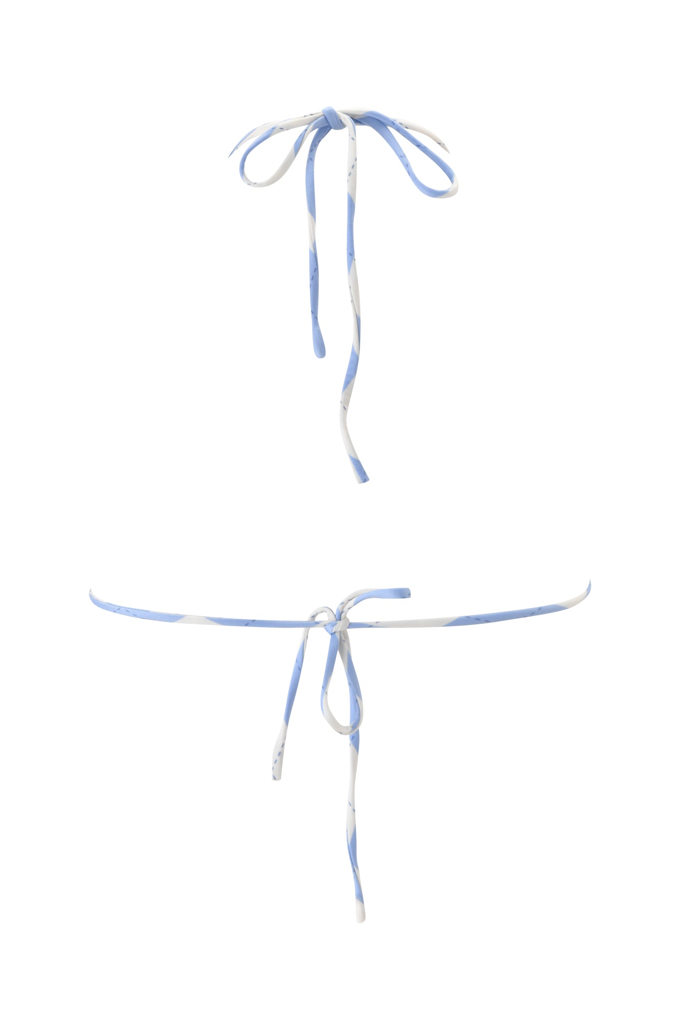 A minimal image displays the I.AM.GIA BRITT BIKINI TOP in blue argyle, front view, with a halter neck and thin tie strings styled in bows, paired with matching bottoms, all set against a plain white background.