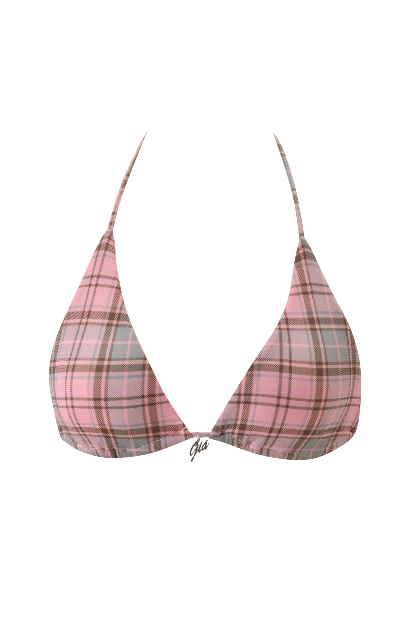 The BRITT BIKINI TOP - PINK PLAID by I.AM.GIA features a pink plaid print, halter neck, thin straps, and a small metallic logo charm at the front center—a standout swimwear piece.