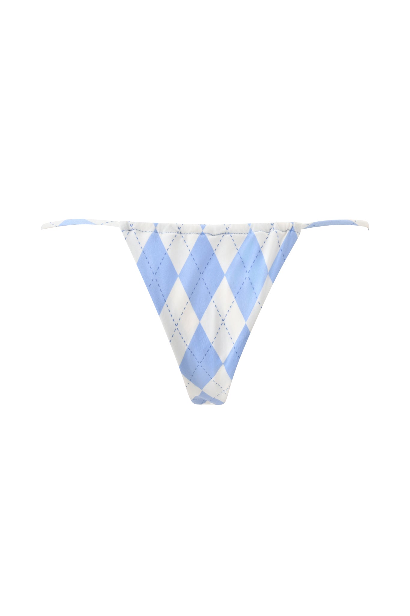 The I.AM.GIA BRITT BIKINI BOTTOM in blue argyle features a skimpy cut and bold diamond print, shown against a white background for a standout swimwear look.