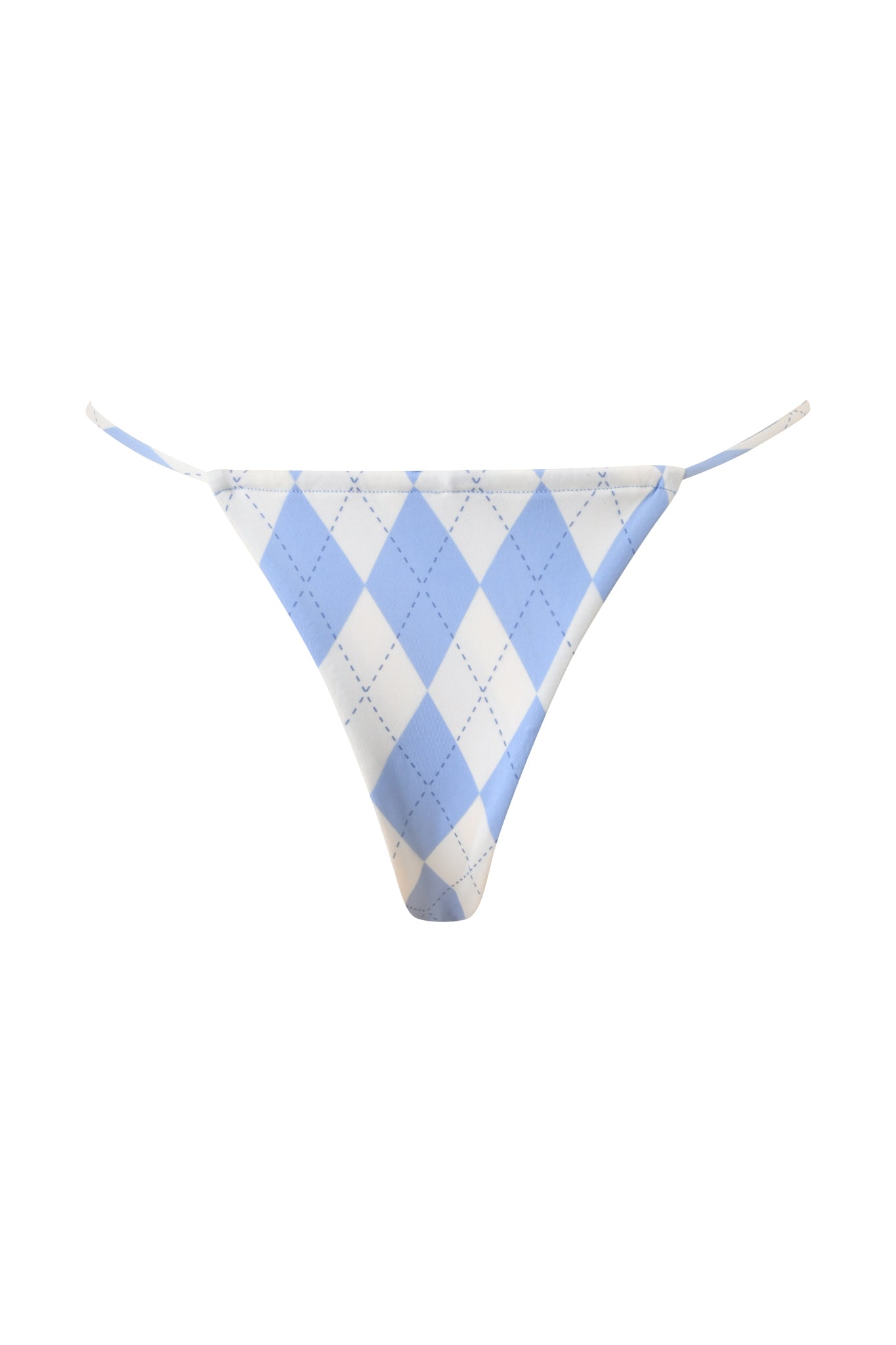 The I.AM.GIA BRITT BIKINI BOTTOM in blue argyle features thin side strings and a skimpy cut, shown from the front against a white background.