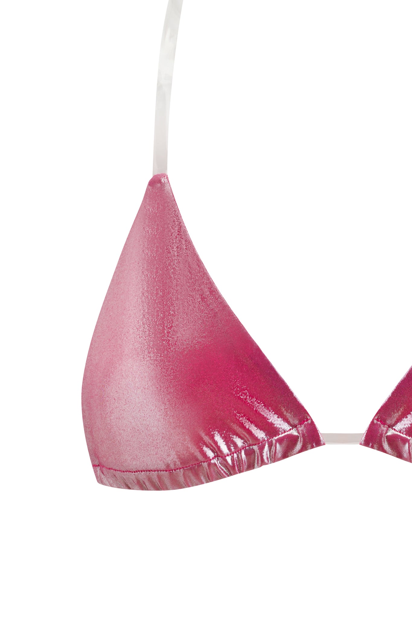 Close-up of the SISI BIKINI TOP - PINK by I.AM.GIA, a hot pink metallic triangle bikini top with clear elastic straps and a shiny finish, shown against a white background.