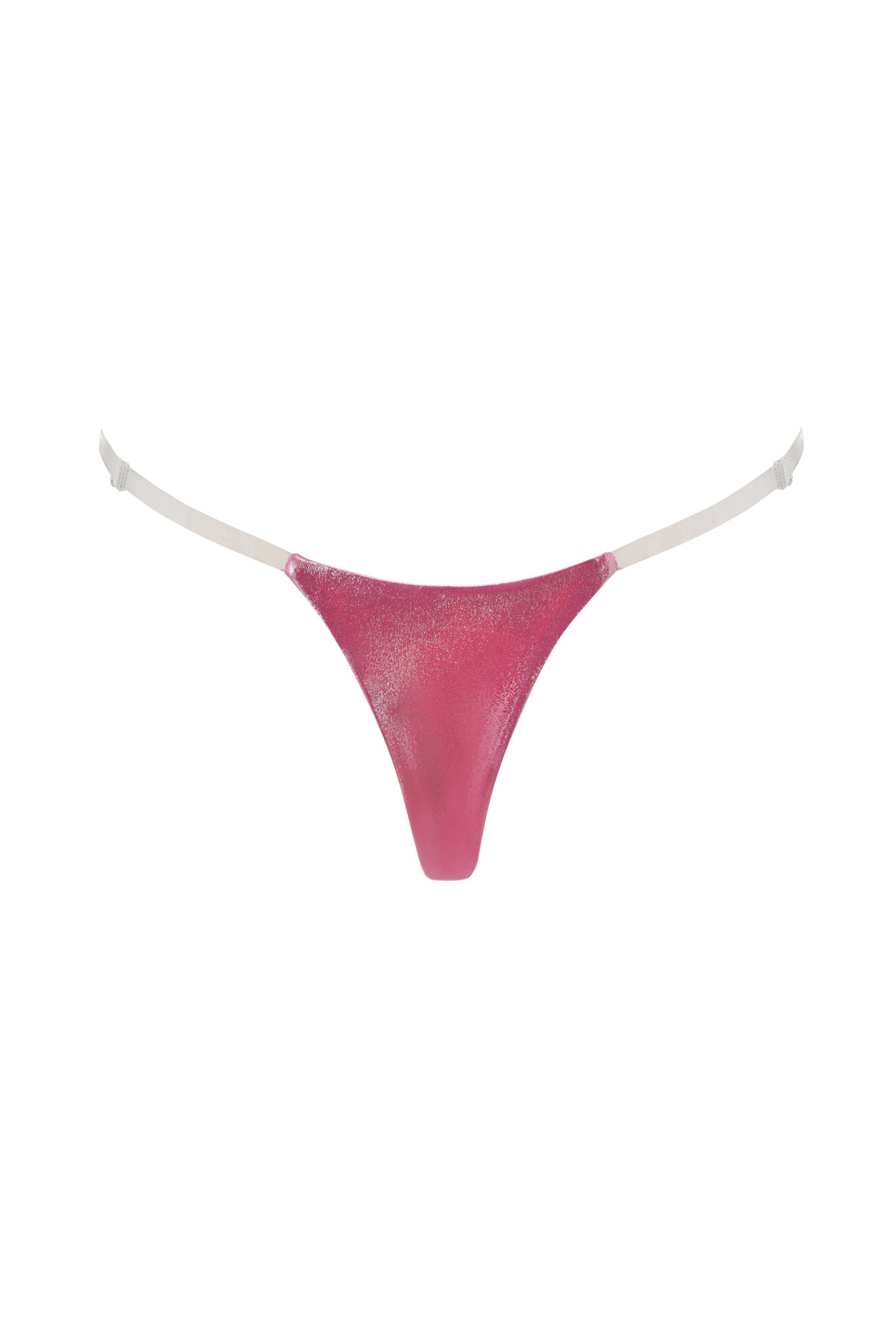 The SISI BIKINI BOTTOM - PINK by I.AM.GIA is a hot pink metallic bikini bottom with thin white adjustable side straps, shown in a cheeky style against a plain white background.