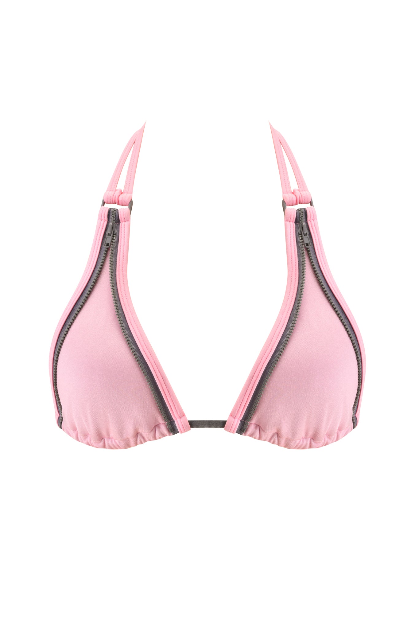 The CAMERON BIKINI TOP - BABY PINK by I.AM.GIA features halter neck straps and mini zipper details on each triangle cup, creating a stylish and playful triangle bikini top.