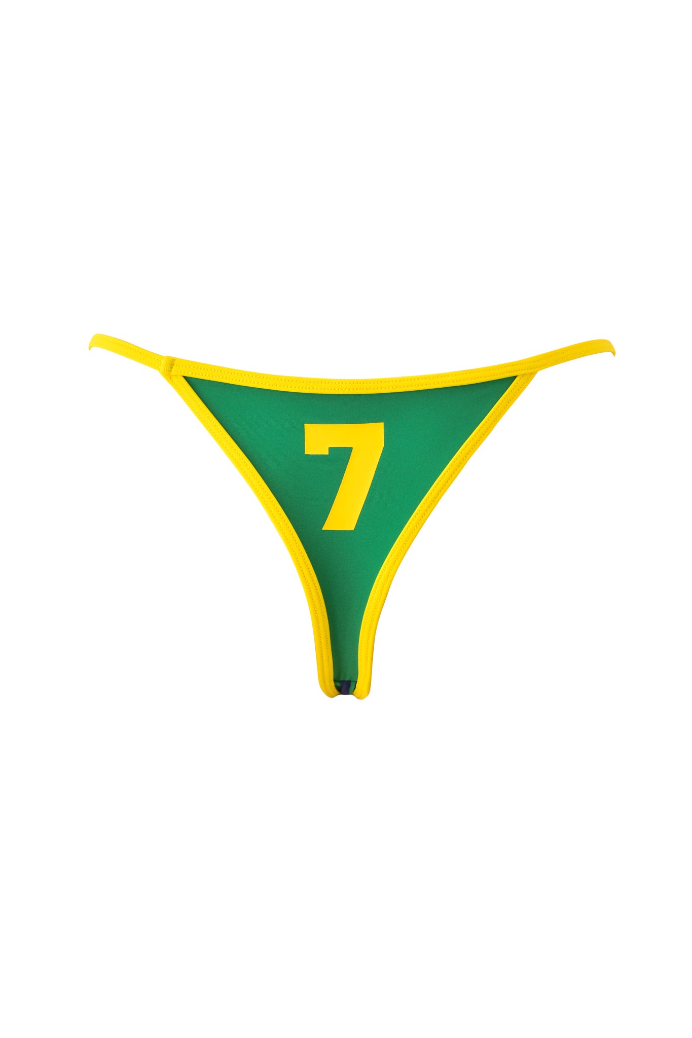 The CARMELLA BIKINI BOTTOM - GREEN by I.AM.GIA features a bold yellow number 7 on the front center, yellow trim, and a sporty Brazilian cut.