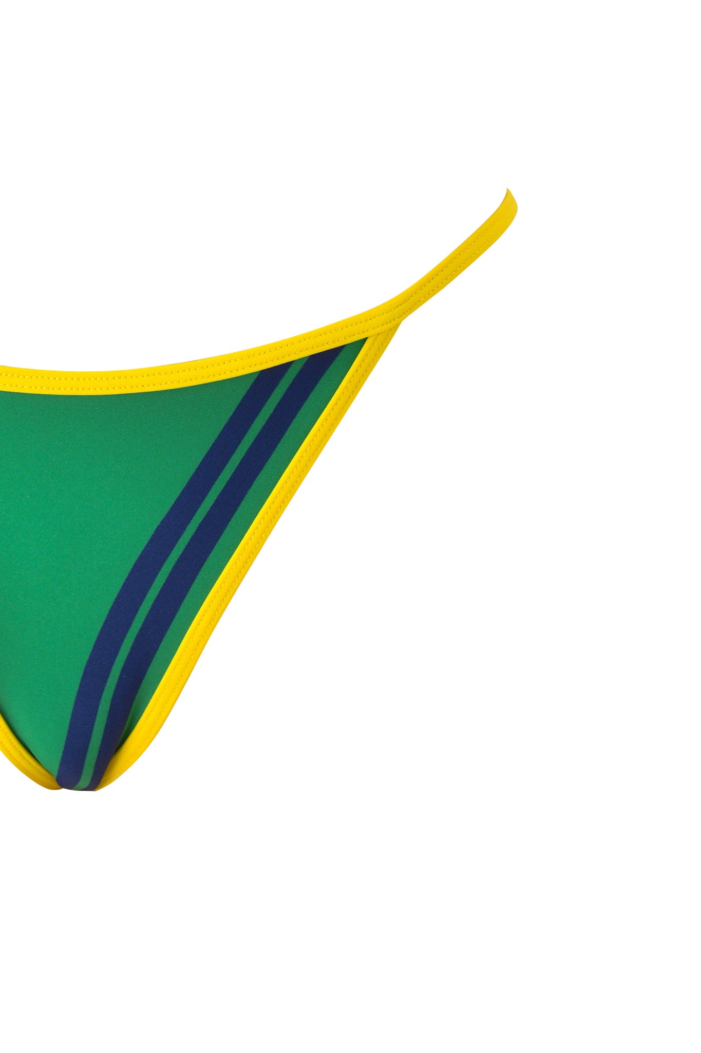 The CARMELLA BIKINI BOTTOM - GREEN by I.AM.GIA features a sporty design with yellow trim and two dark blue diagonal stripes, shown in a close-up against a white background.