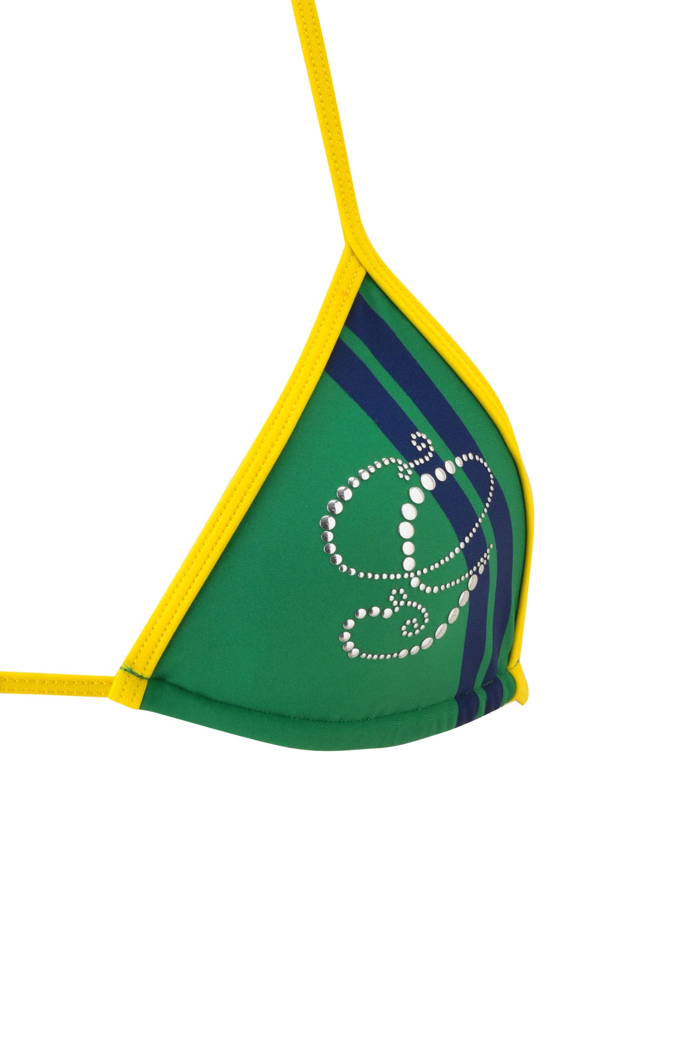 A close-up of the CARMELLA BIKINI TOP - GREEN by I.AM.GIA, featuring yellow edging, blue diagonal stripes, and a decorative rhinestone swirl on a green triangle design.