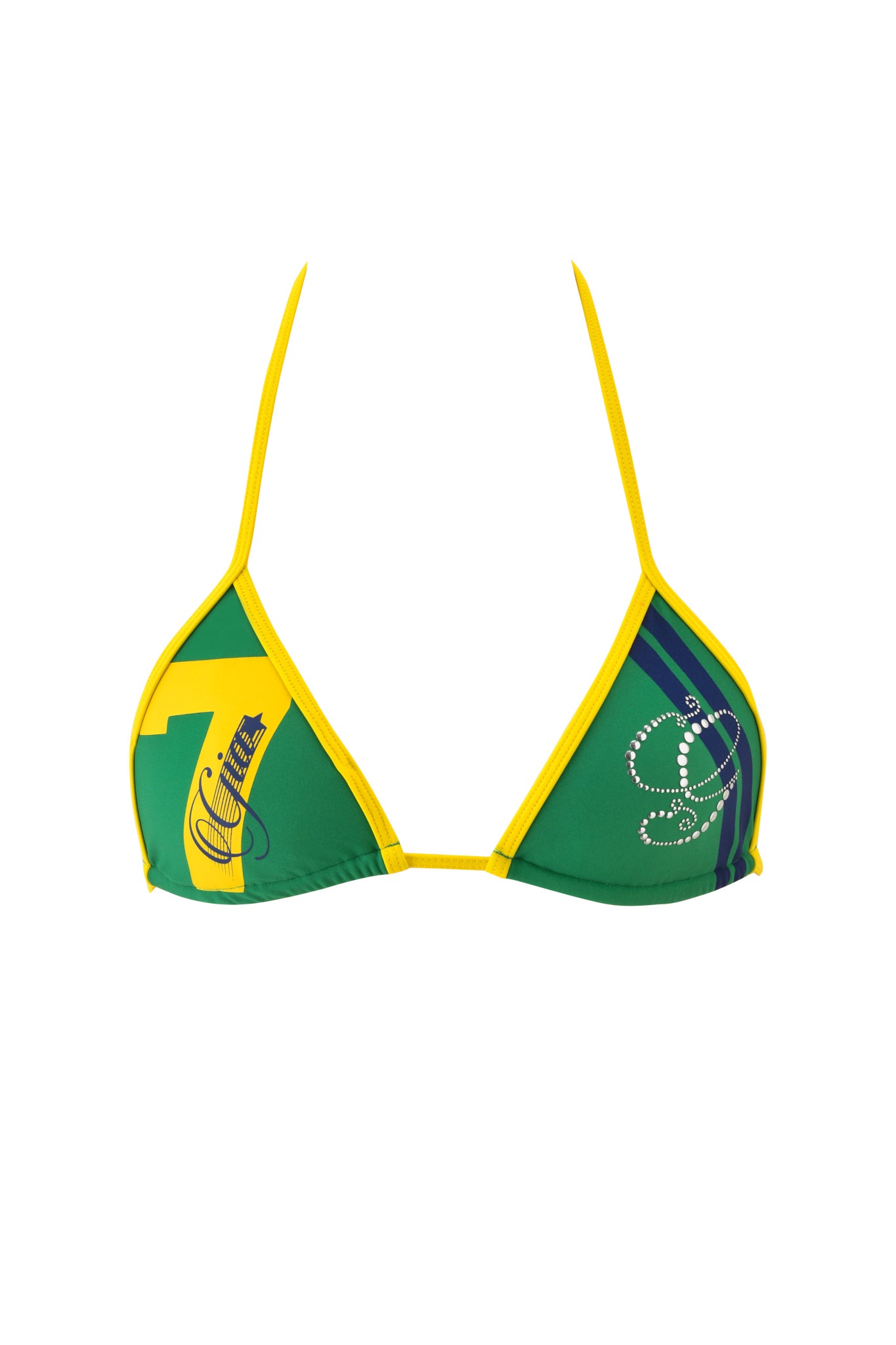 The CARMELLA BIKINI TOP - GREEN by I.AM.GIA features a green triangle design with yellow trim, a yellow number 7, blue bottle graphic on the left, white script on the right, thin yellow straps, and a plain white background.