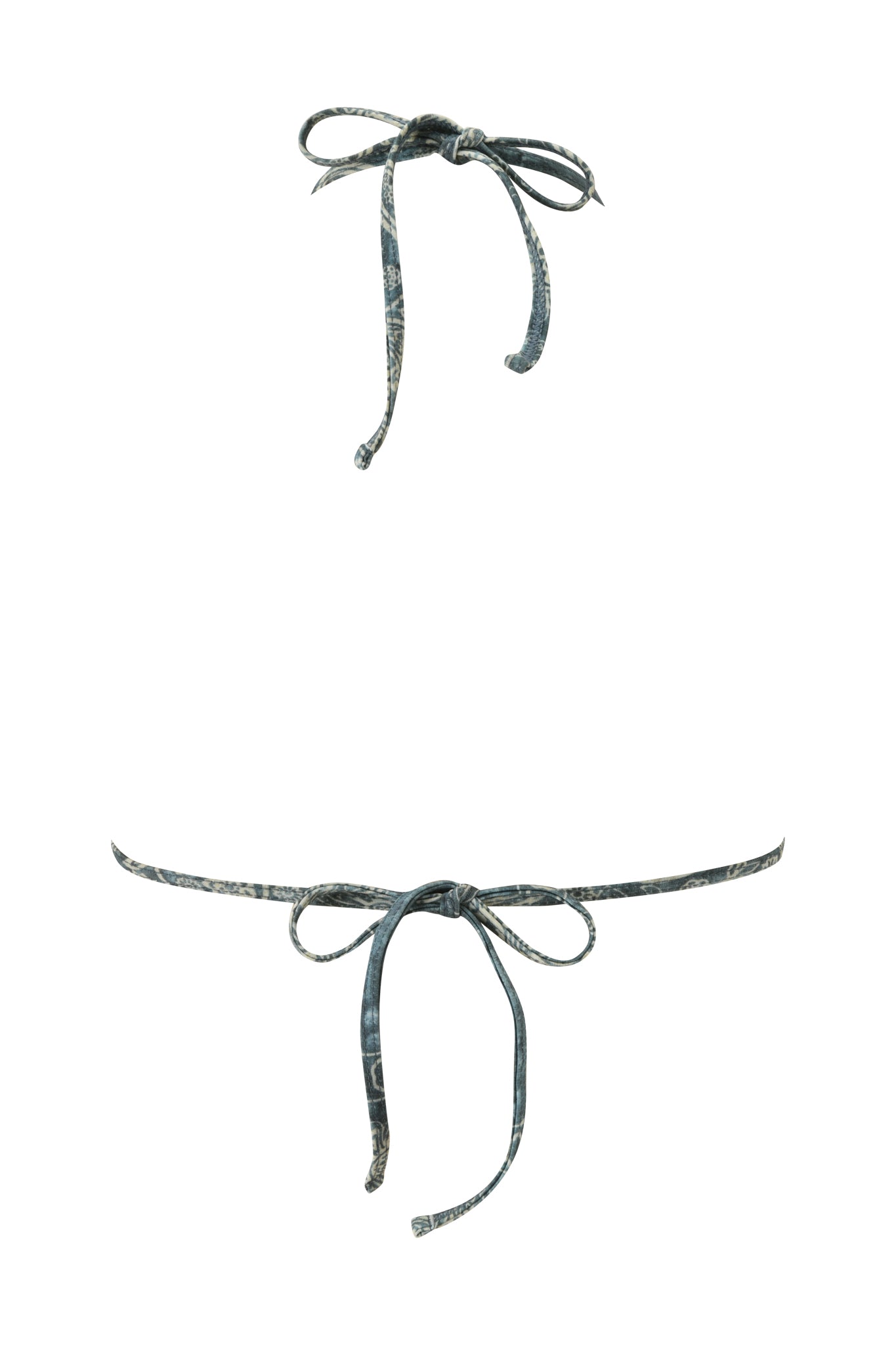 Two blue bandana-patterned bikini strings from the I.AM.GIA T-REX AVA BIKINI TOP are tied in bows—one at the top and one near the bottom of the image—set against a plain white background.