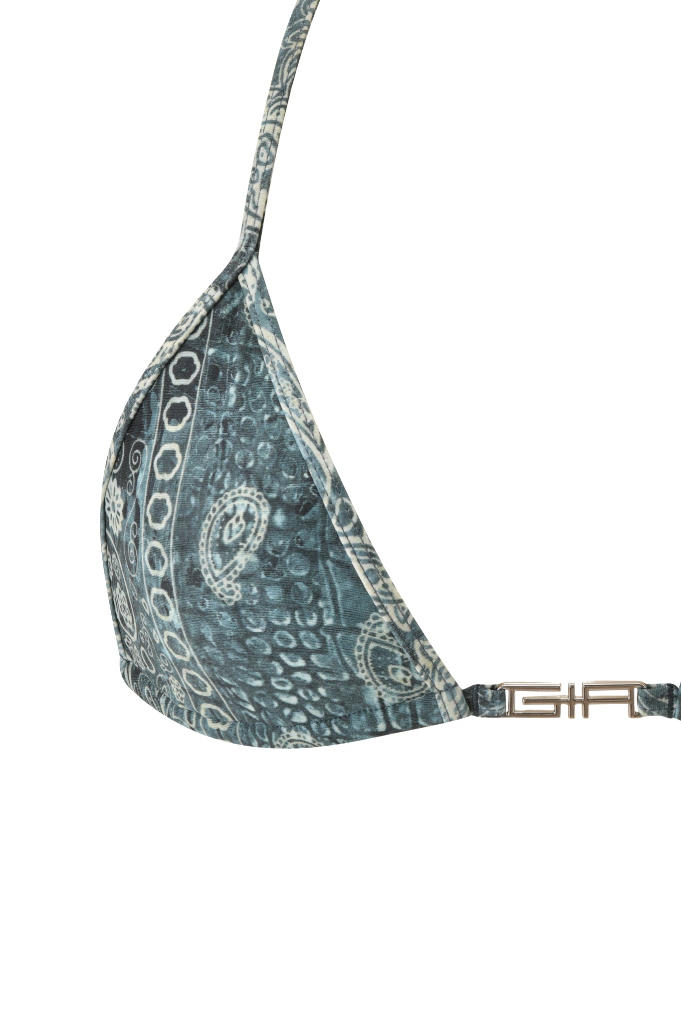 A close-up of the I.AM.GIA T-REX AVA BIKINI TOP in blue bandana, showcasing its paisley print and metal clasp detail on the strap, displayed against a white background.