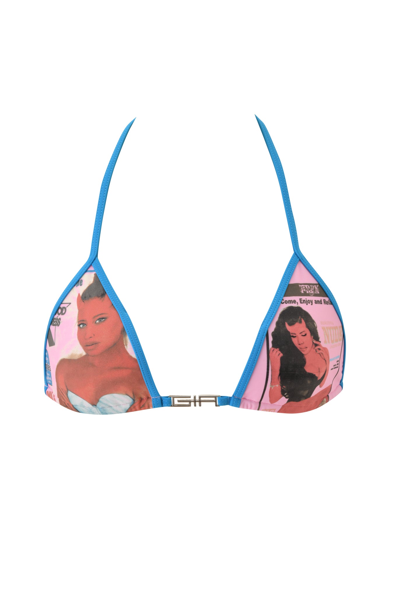 I.AM.GIA T-REX AVA BIKINI TOP - PINK: Featuring a baby pink hue with blue straps and retro-inspired magazine print of women on soft fabric, this triangle bikini top is finished with a metallic front clasp. A playful yet classic piece for your next beach day.