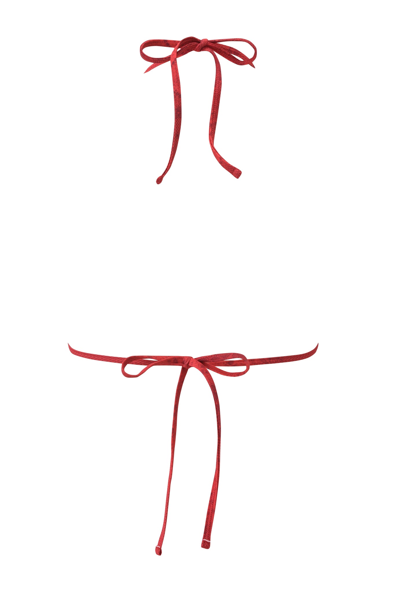 Two slim red velvet bows, one at the top and one near the bottom, accent the AVA BIKINI TOP - RED SERPENTINE by I.AM.GIA, echoing its bold snake print on a clean white background.