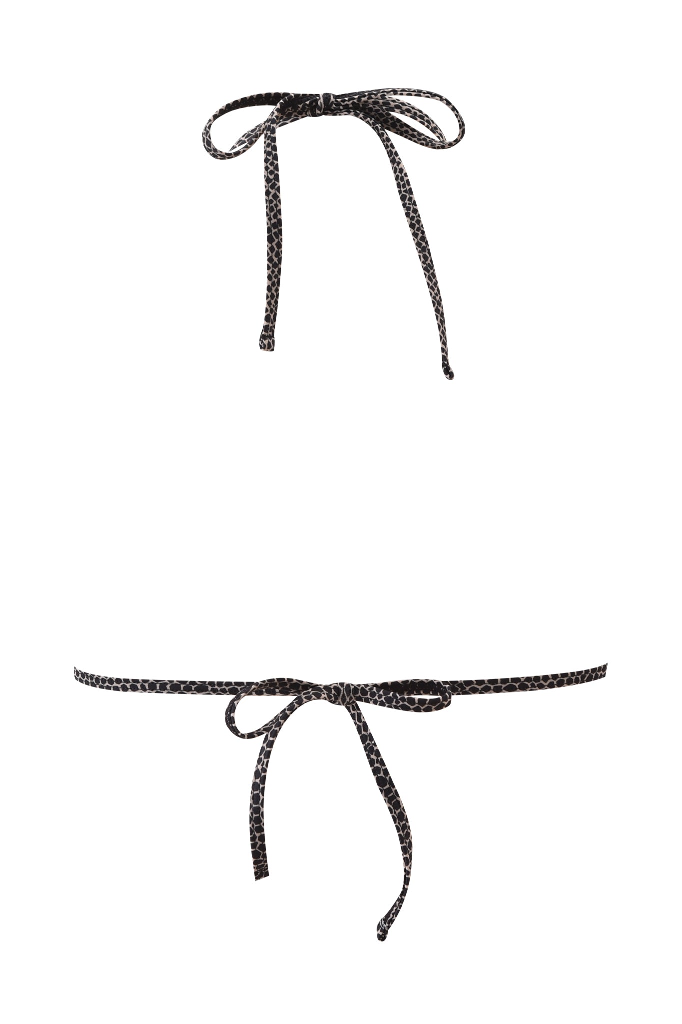 The AVA BIKINI TOP - SERPICO by I.AM.GIA features two black string ties with a small geometric pattern, resembling bikini straps, tied in bows at the top and bottom, displayed against a plain white background.