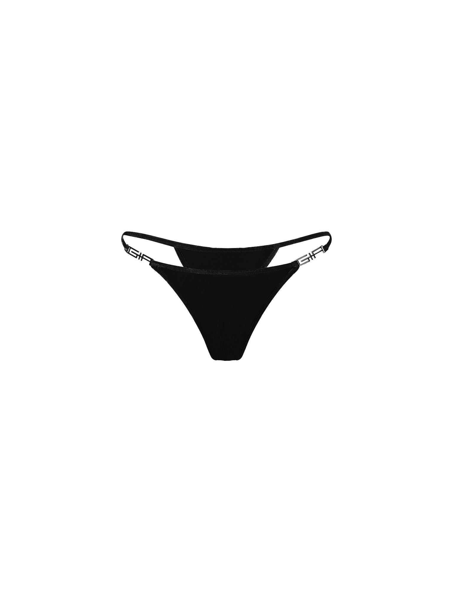 Introducing the AVA G-STRING BIKINI BOTTOM from I.AM.GIA: A sleek, solid black undergarment featuring two thin elastic side straps adorned with small, white printed logos near the front. Crafted from smooth and seamless fabric for minimal coverage, this piece is showcased against a plain white background.