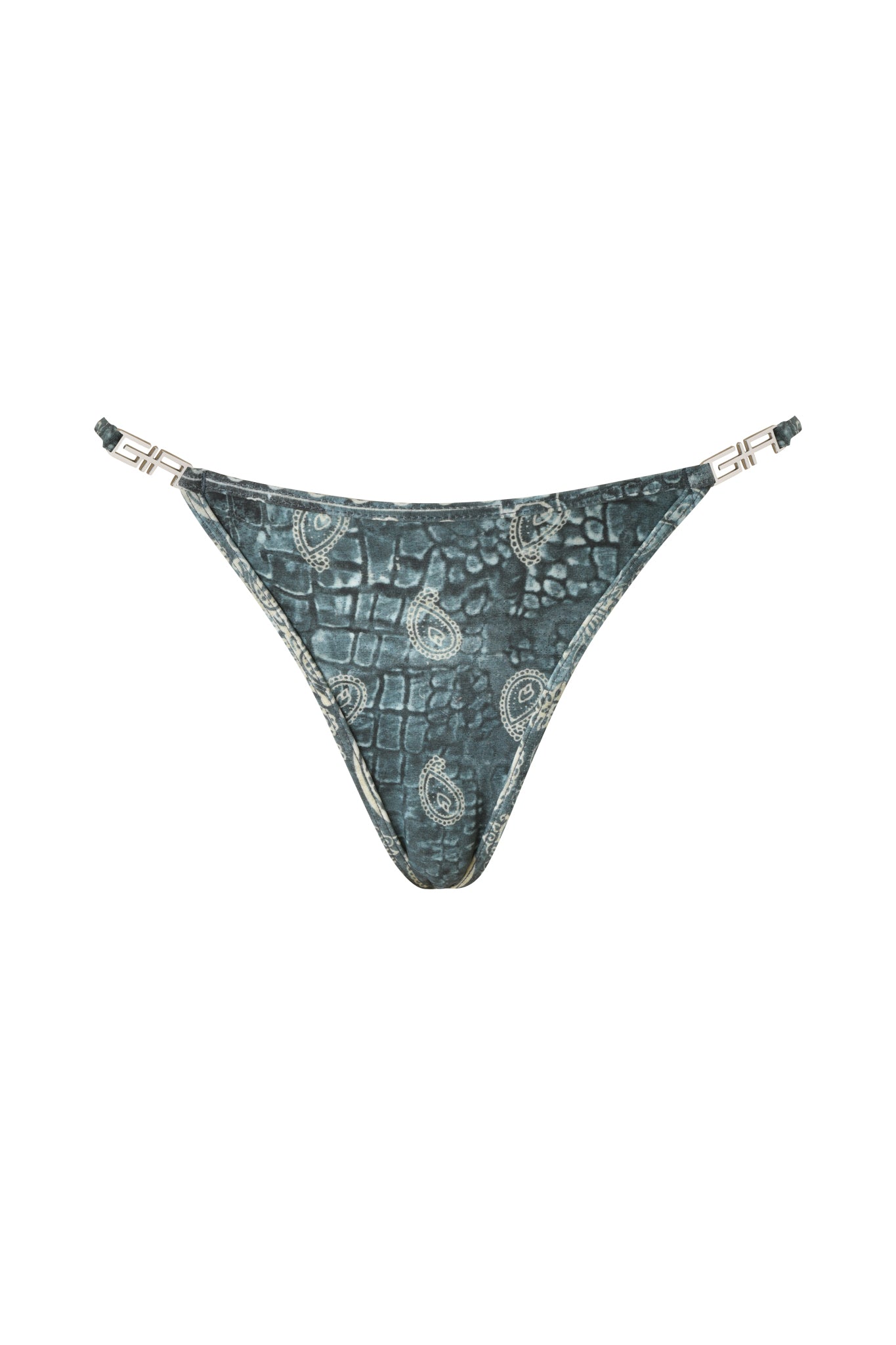 A pair of I.AM.GIA T-REX AVA Bikini Bottoms in Blue Bandana, featuring a dark crocodile-skin and paisley print, accented with blue bandana patterns and finished with metal clip details on each side.