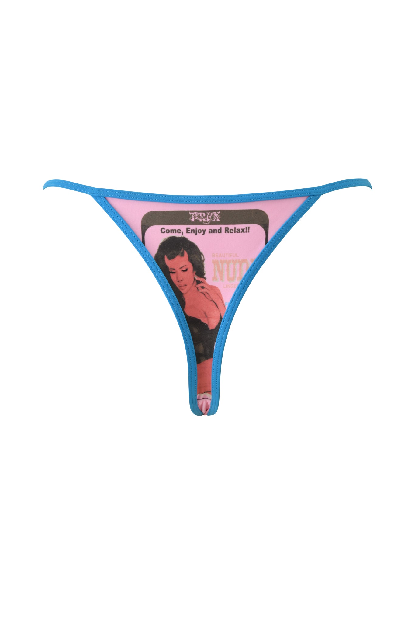 The I.AM.GIA T-REX AVA BIKINI BOTTOM - PINK features bold blue trim and a retro-style illustration of a woman with the phrase "Come, Enjoy and Relax!!" printed on the front panel against a vibrant pink background, channeling playful Ava Bikini vibes for those who love a statement G-string bikini bottom look.