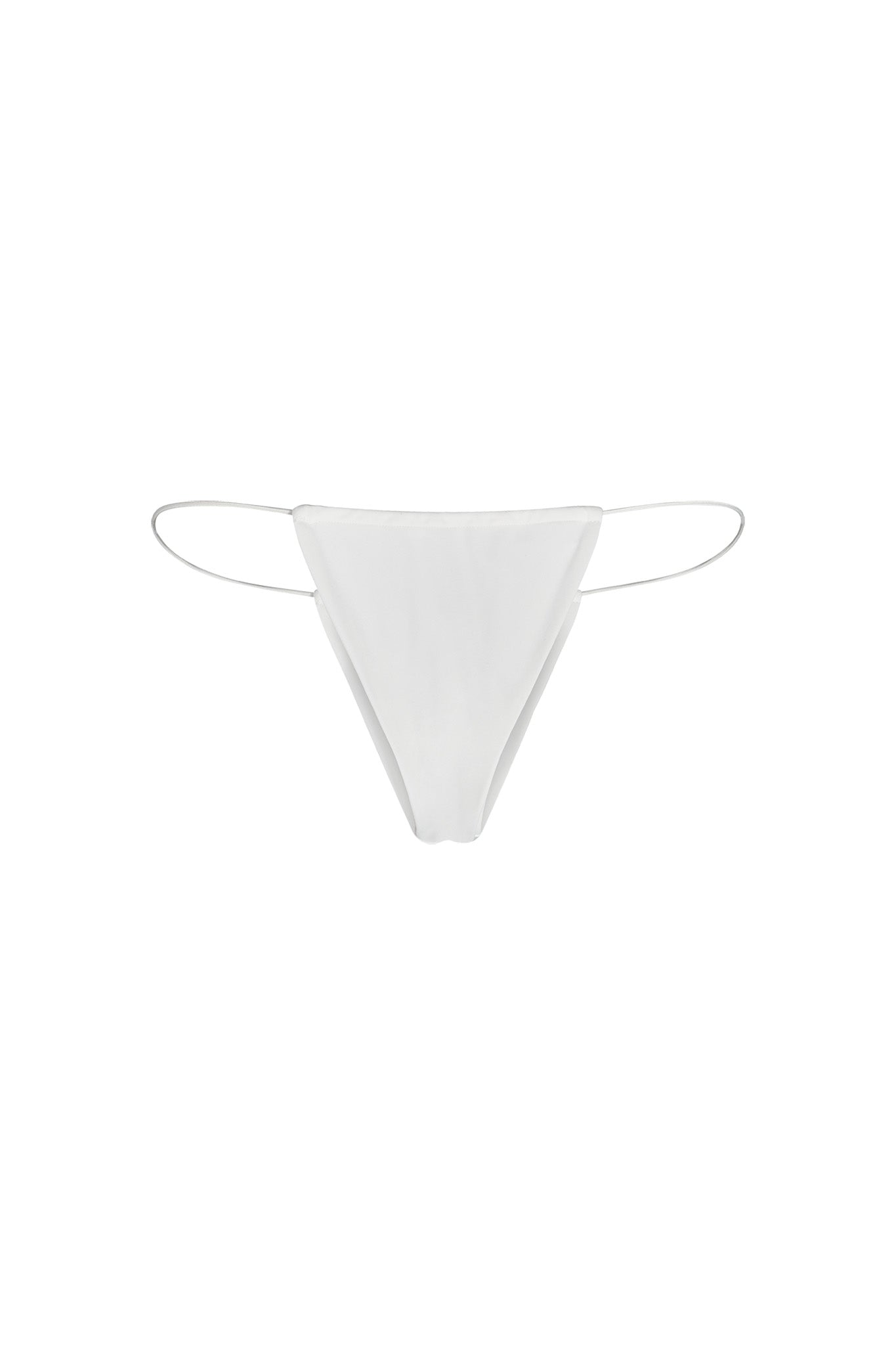 The BAMBI BIKINI BOTTOM - WHITE by I.AM.GIA features a minimalist thong design with a triangular front and thin side straps. The smooth, stretchy fabric ensures a comfortable fit, while the signature I.AM.GIA logo adds a branded touch. Its simple and seamless design is perfect for minimal visibility under clothing.