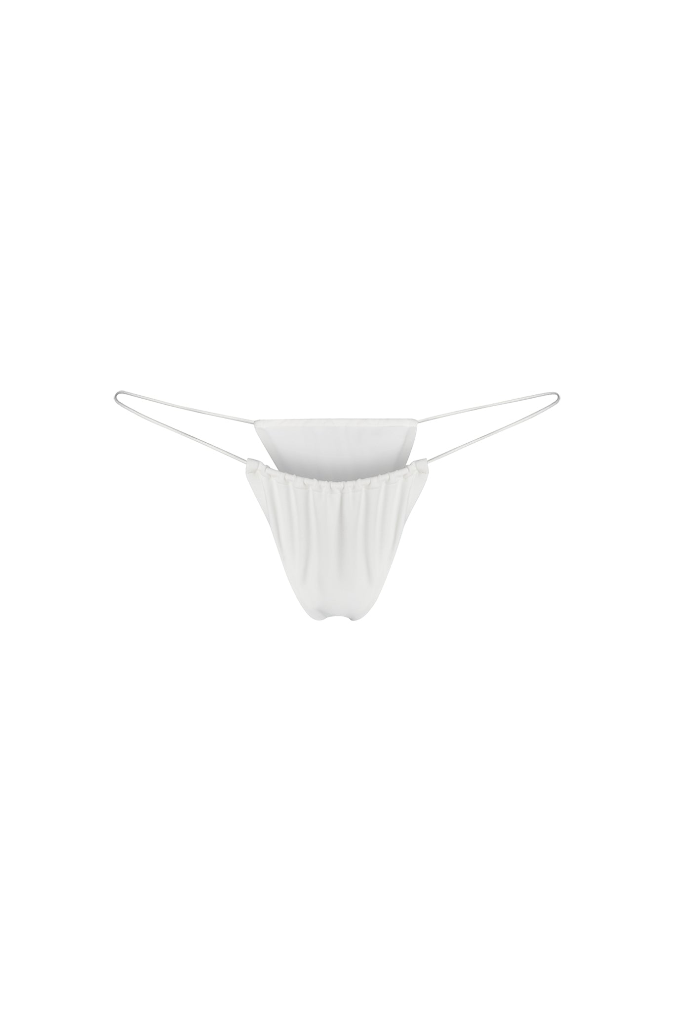 The BAMBI BIKINI BOTTOM - WHITE from I.AM.GIA features a pleated center and thin elastic sides, showcasing an overall minimalist design in a soft fabric that promises both comfort and style against a plain white background.