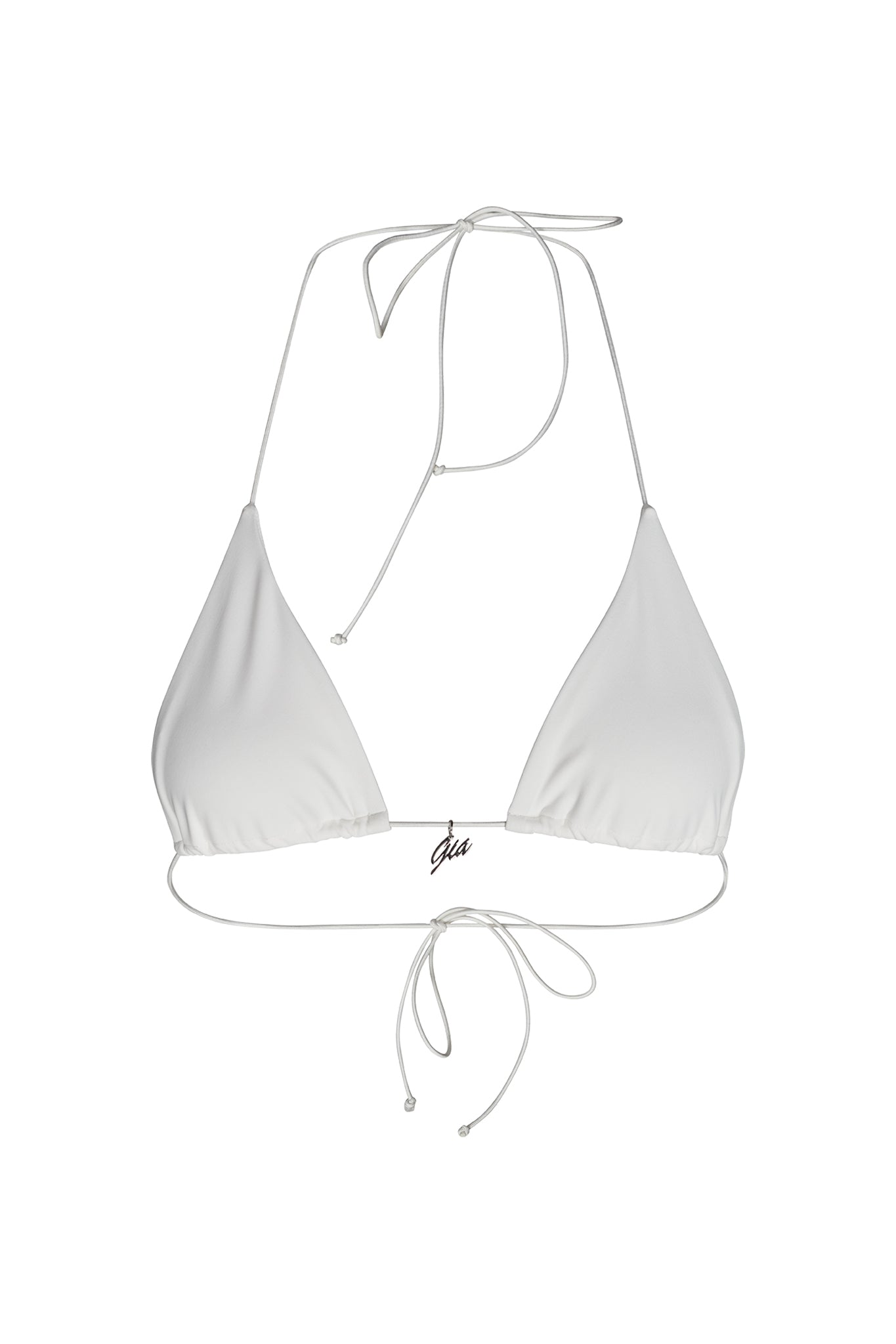 A white triangle bikini top named the BAMBI BIKINI TOP from I.AM.GIA features string ties with thin straps for the neck and back. It also includes a small metallic accent at the center front showcasing the brand name "I.AM.GIA.