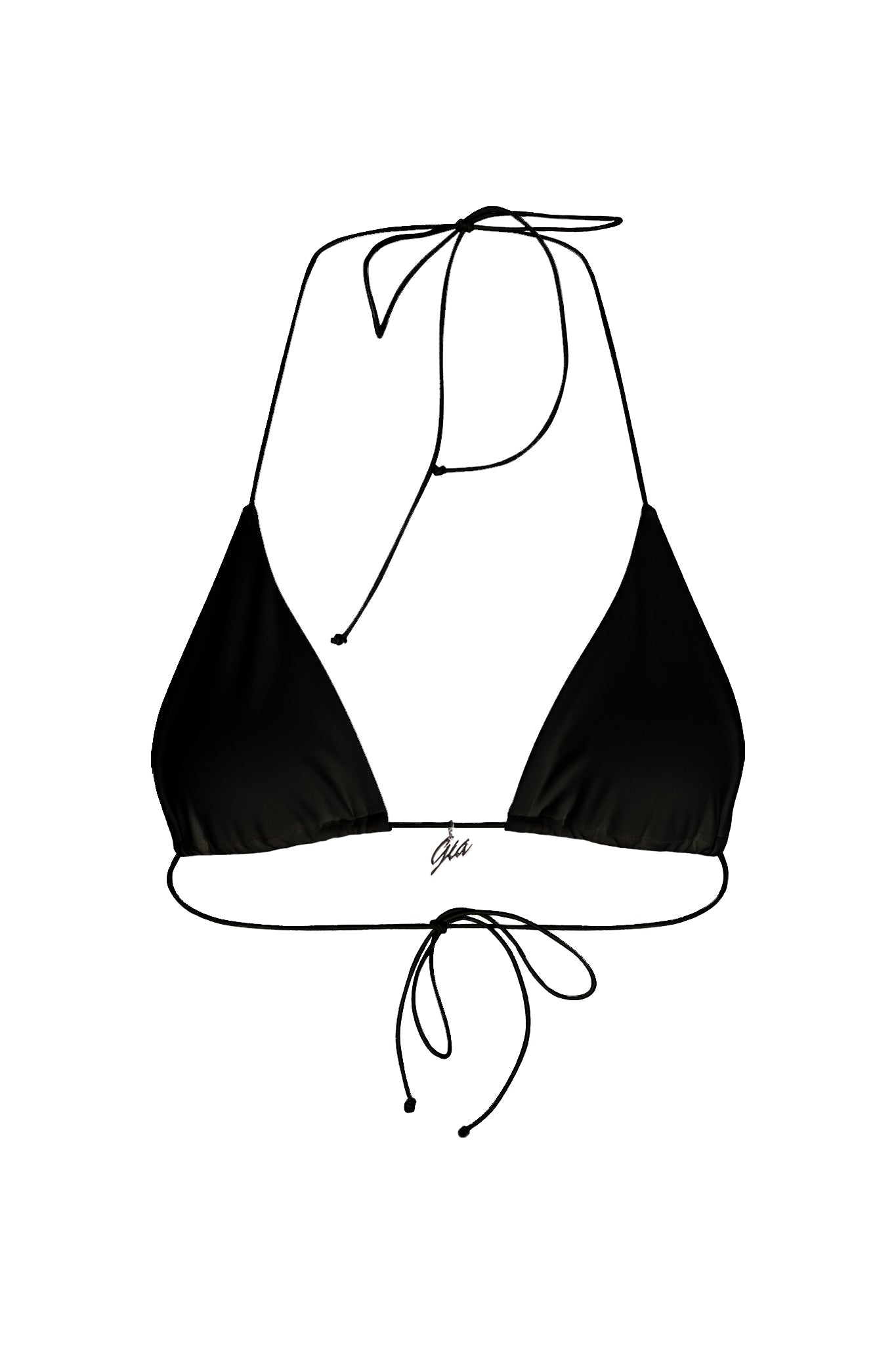 The BAMBI BIKINI TOP - BLACK by I.AM.GIA features a triangle design with thin, adjustable straps. It has silver hardware, a subtle center logo, and ties at the neck and back for a sleek look with its smooth fabric.