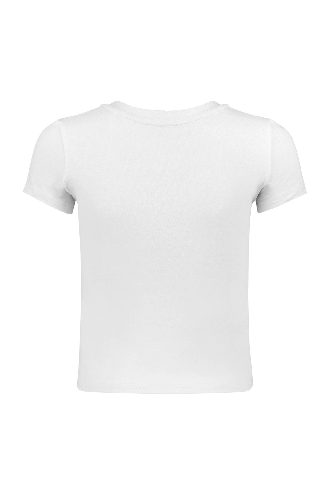 The back view of the I.AM.GIA POLINA THIRSTY 2.0 TEE in white, a fitted crew neck short-sleeve t-shirt, is displayed against a white background.