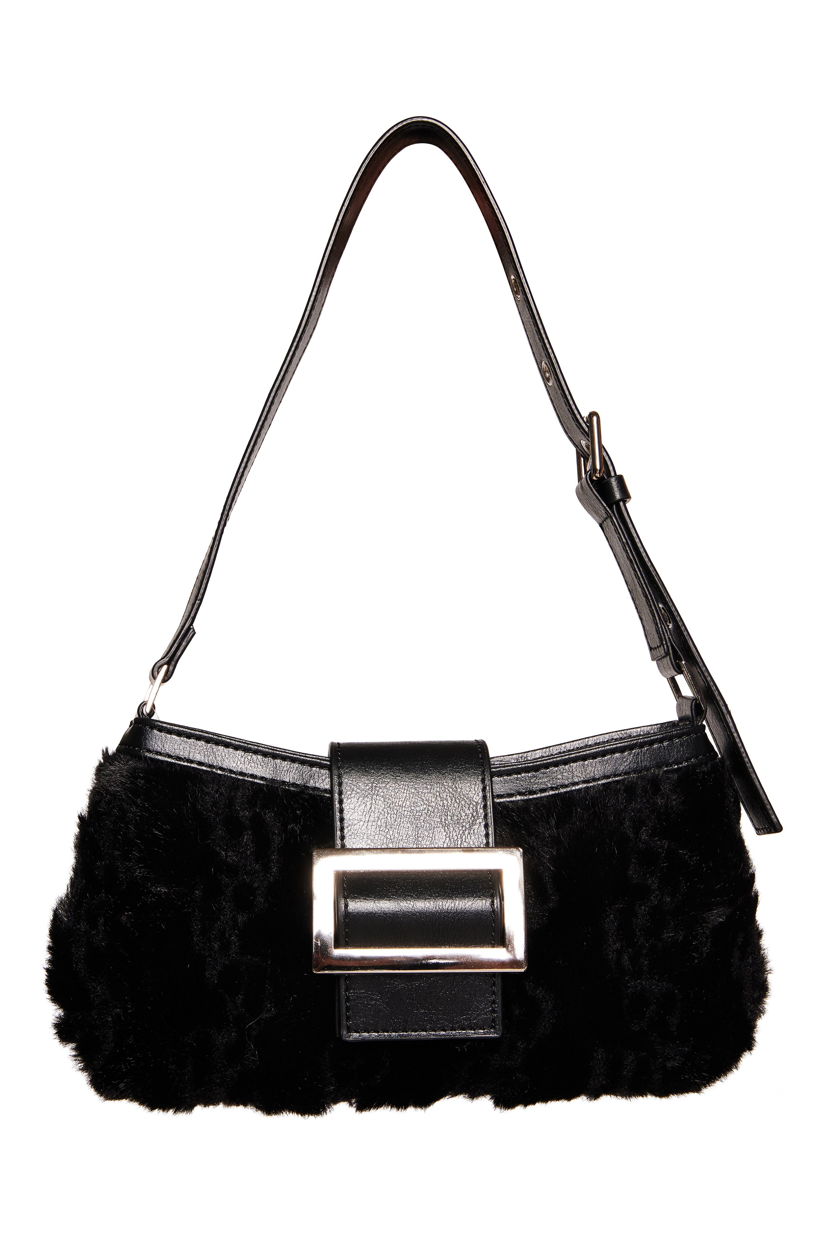The RUBY PURSE - BLACK by I.AM.GIA is a chic mini shoulder bag with a silver buckle and an adjustable strap for a comfortable fit.