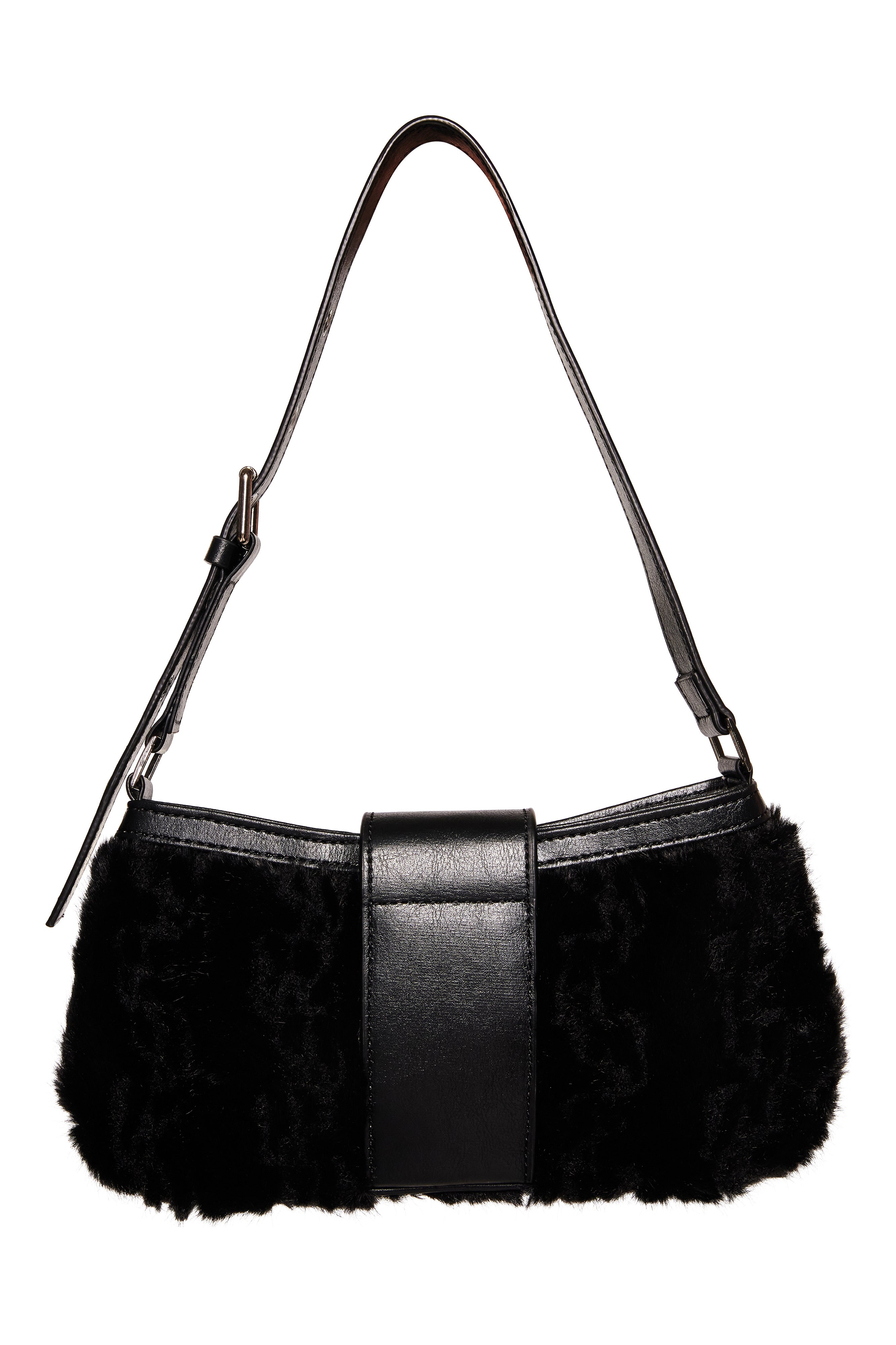 The RUBY PURSE - BLACK by I.AM.GIA is a mini shoulder bag with a faux fur body, adjustable leather strap with metal buckle, and a bold vertical leather accent down the center.