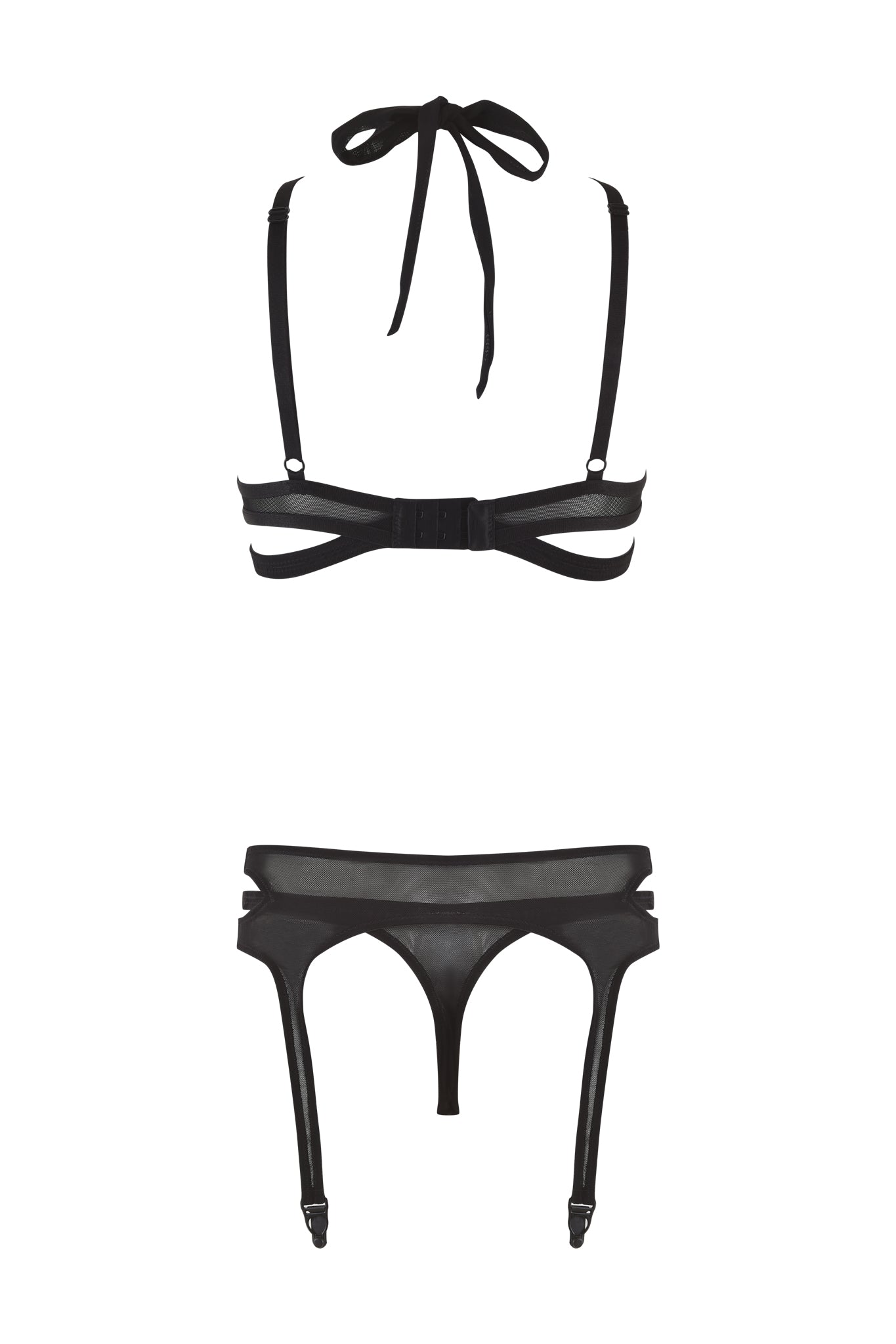 Introducing the CLEO 3 PIECE SET - BLACK by I.AM.GIA: this minimalist and modern lingerie set features a bra with adjustable straps that ties at the back of the neck, complemented by a matching garter belt with attached straps. Boasting bold cut-out details and crafted with Gia X-Rated mesh fabrication, this set adds an extra touch of daring style to your collection.